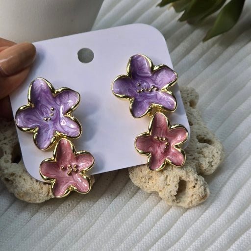 Purple & Pink Enamel Flower Statement Earrings