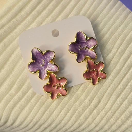 Purple & Pink Enamel Flower Statement Earrings