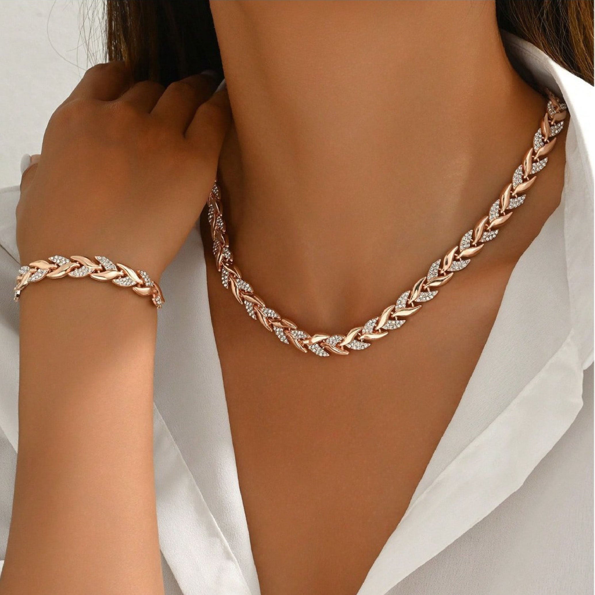 Roselle Leaf Necklace & Bracelet Set- Rose Gold