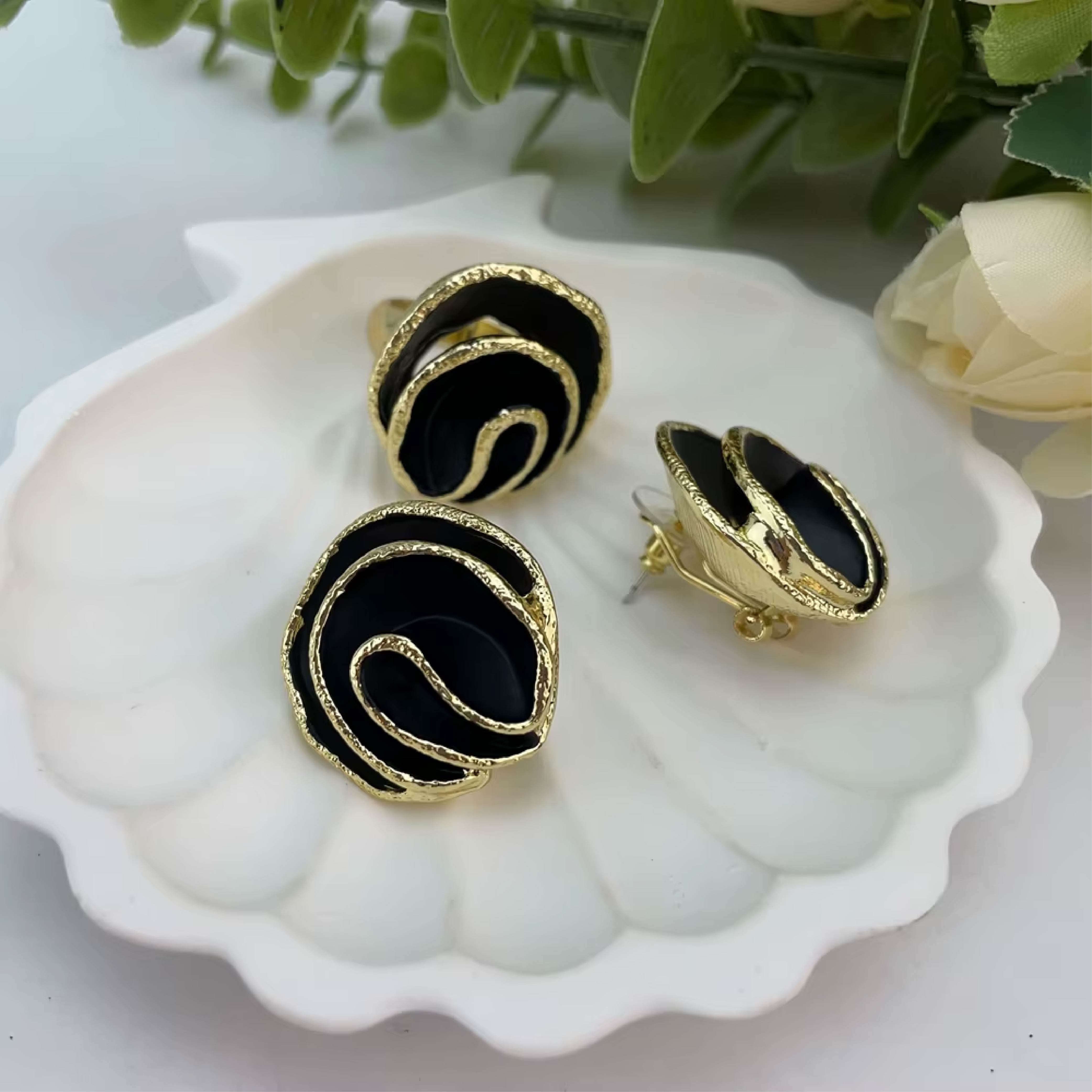 Midnight Swirl Gold & Black Stud Earrings
