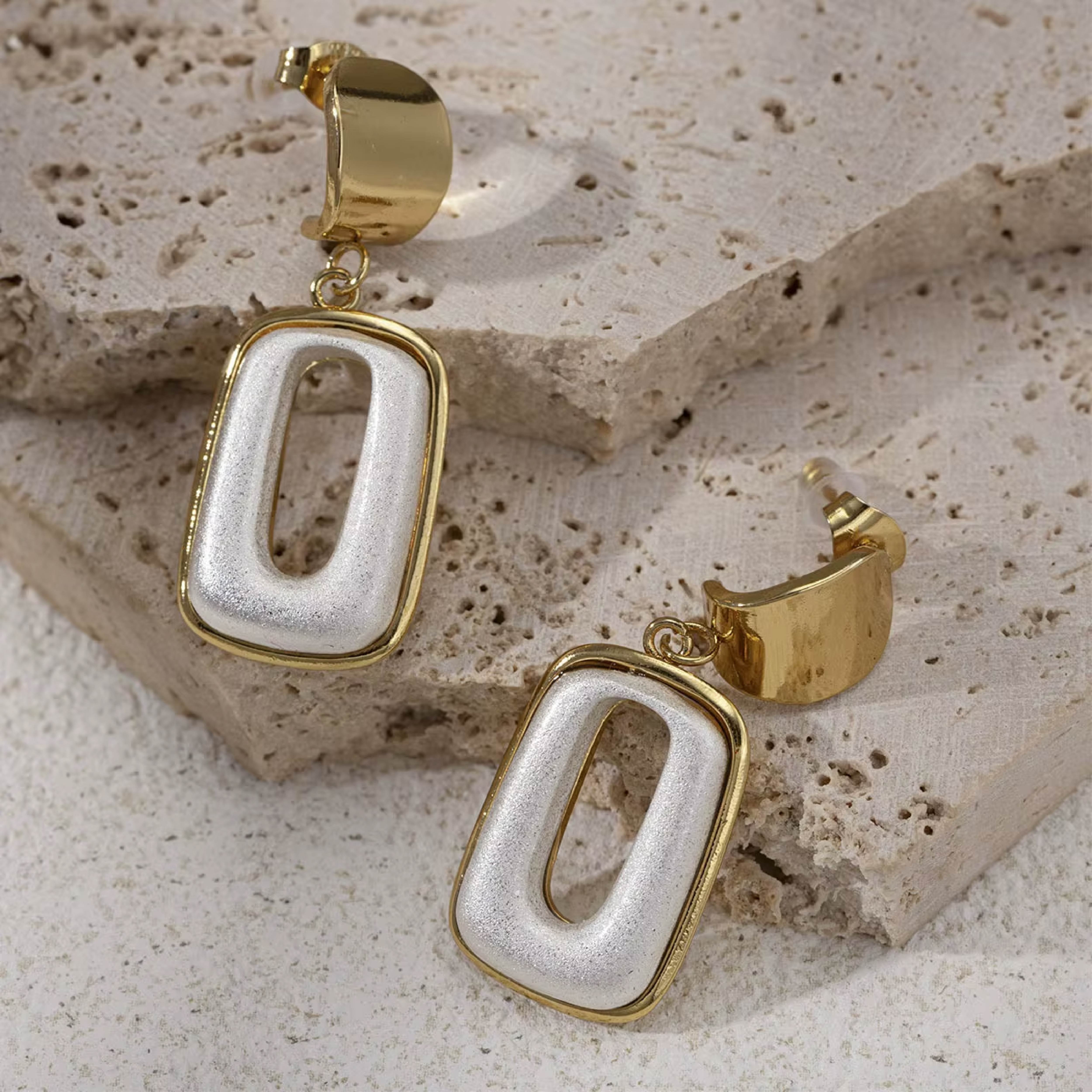 Minimalist Gold & White Rectangle Dangle Earrings