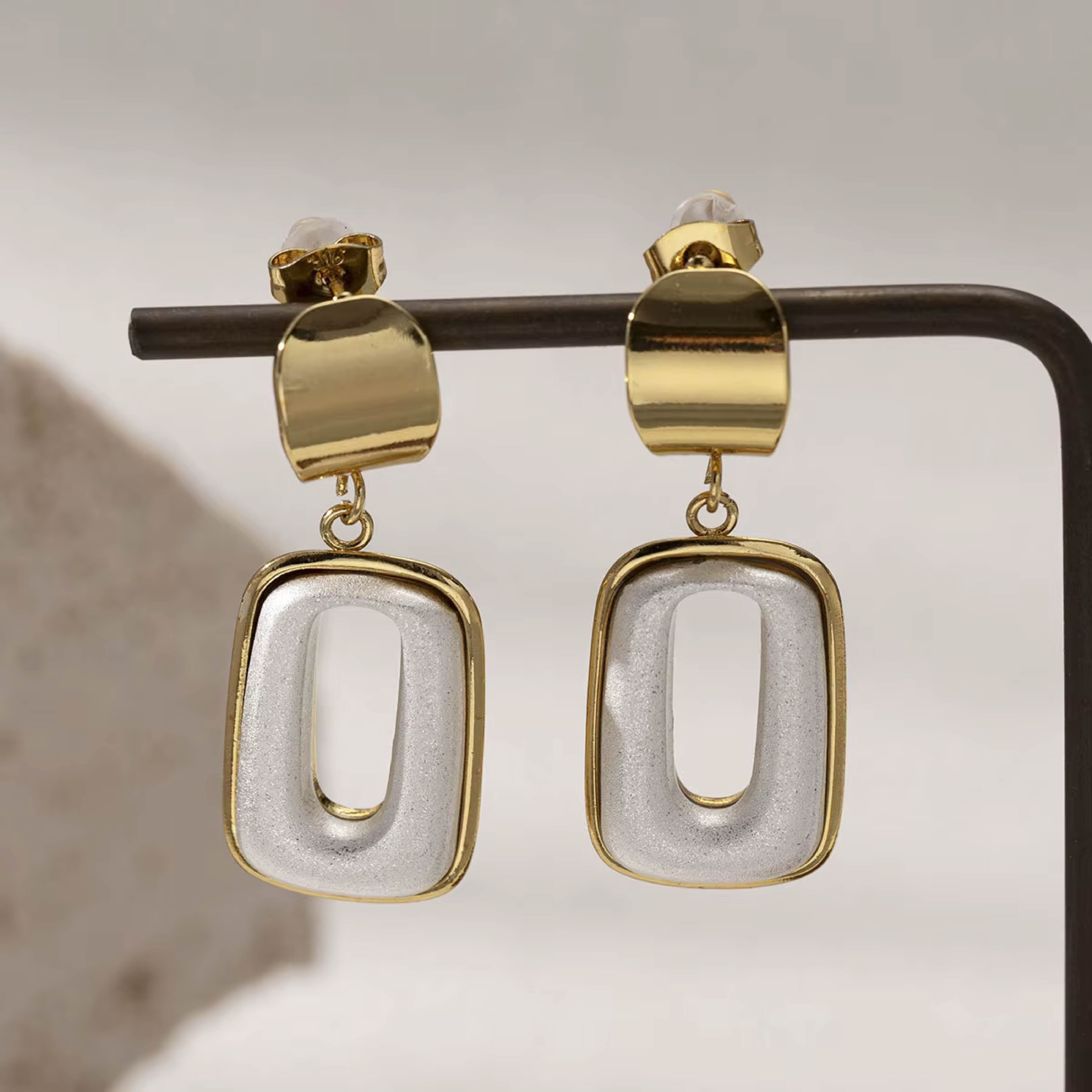 Minimalist Gold & White Rectangle Dangle Earrings