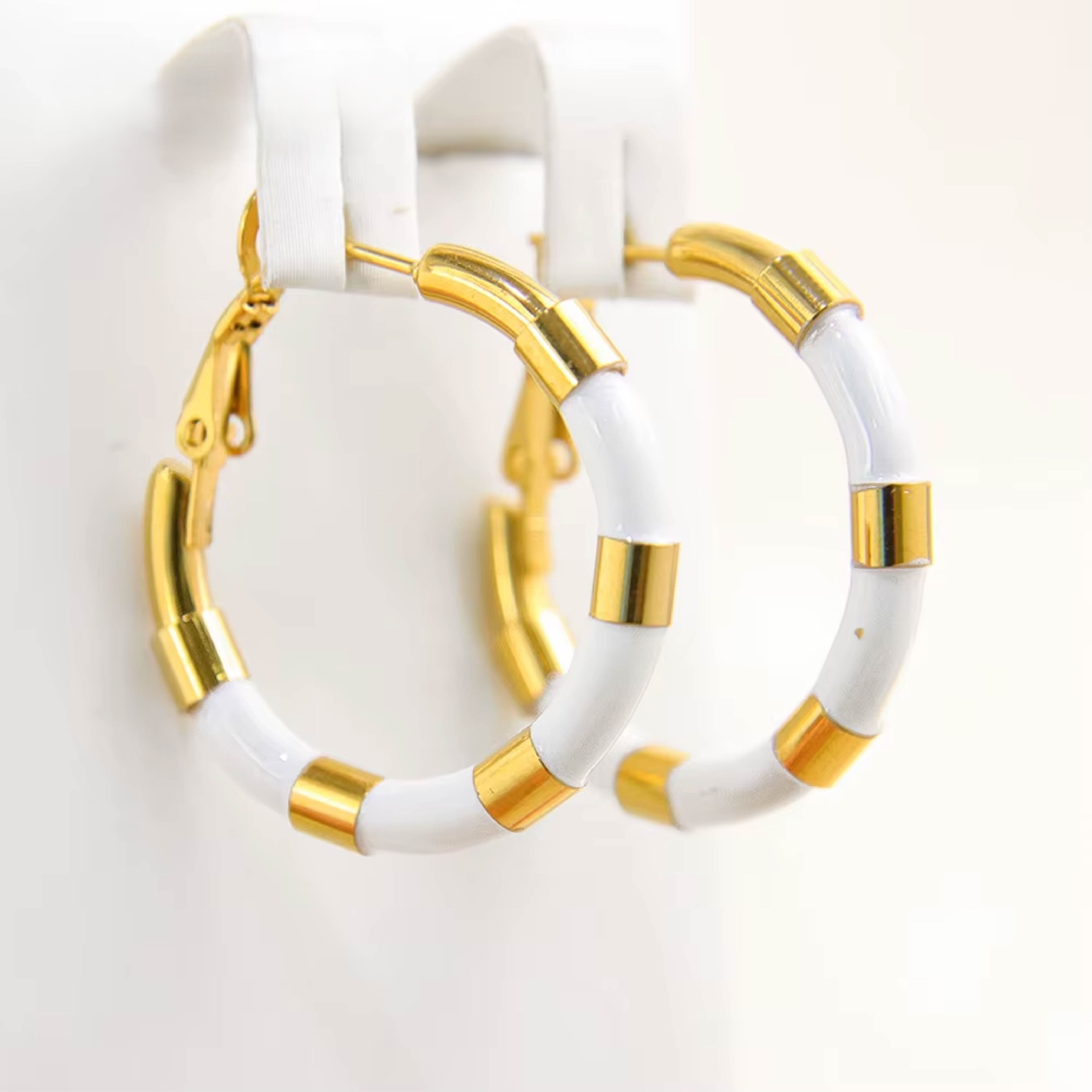 Classic White & Gold Chunky Hoop Earrings