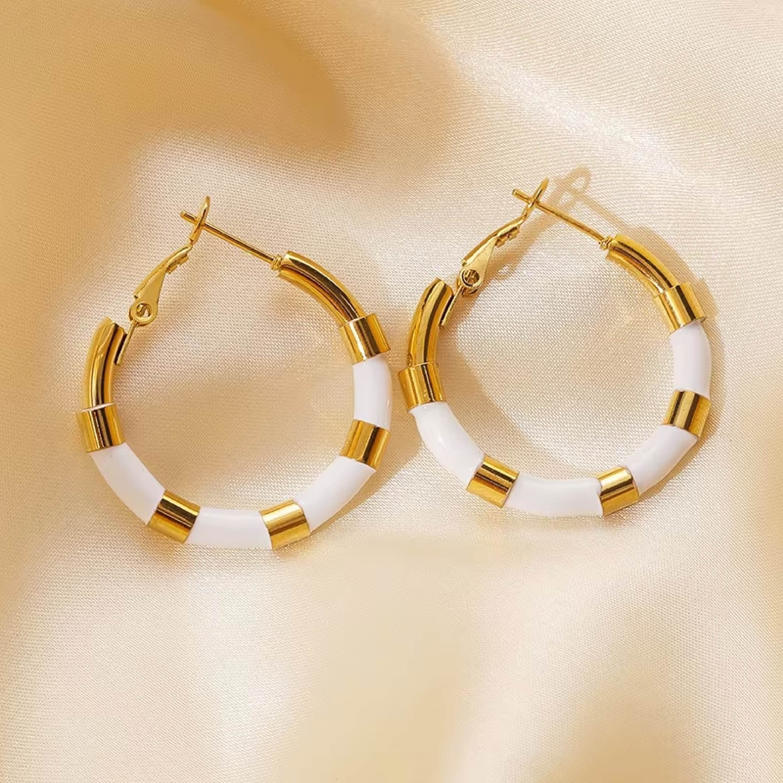 Classic White & Gold Chunky Hoop Earrings