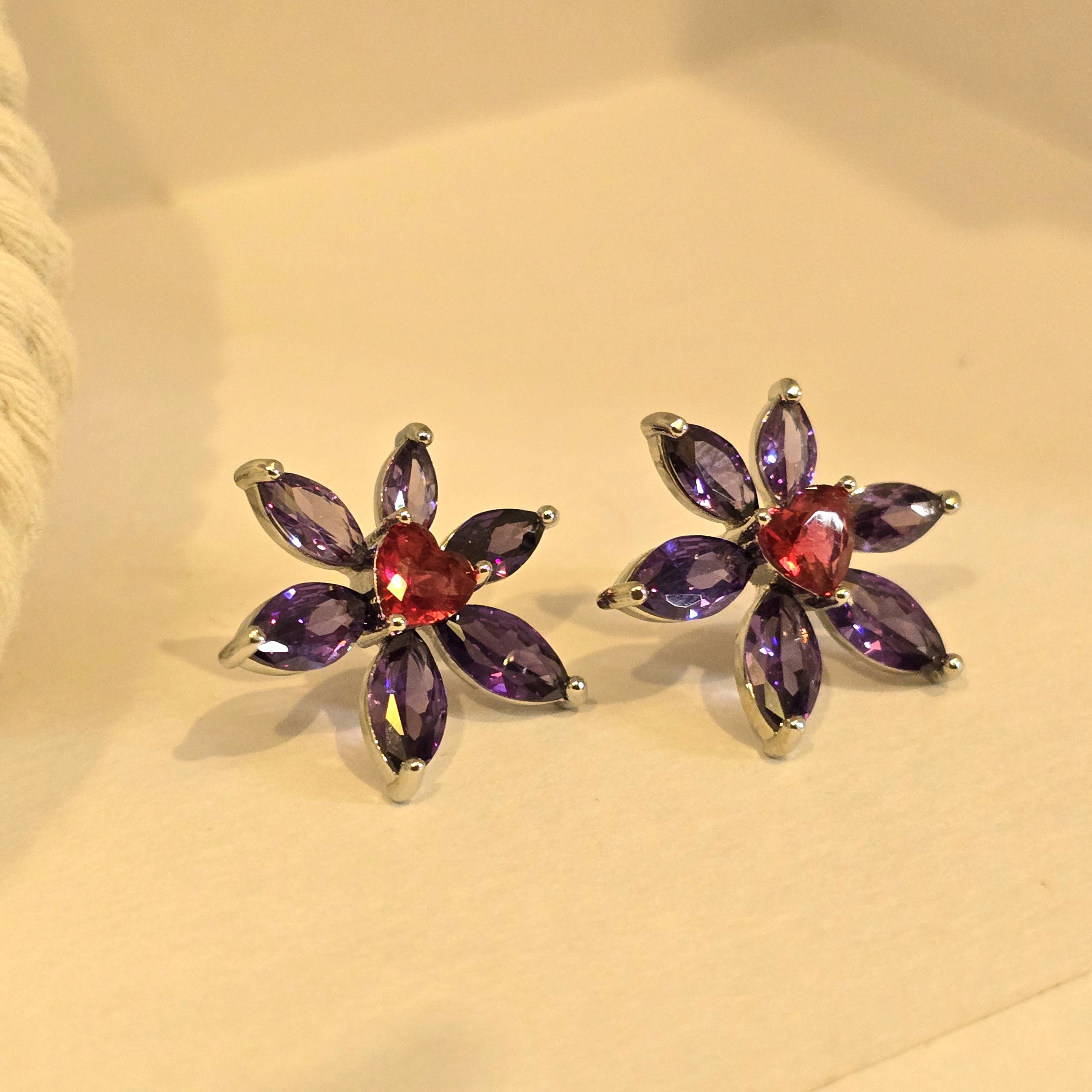 Purple Flower & Red Heart Crystal Studs