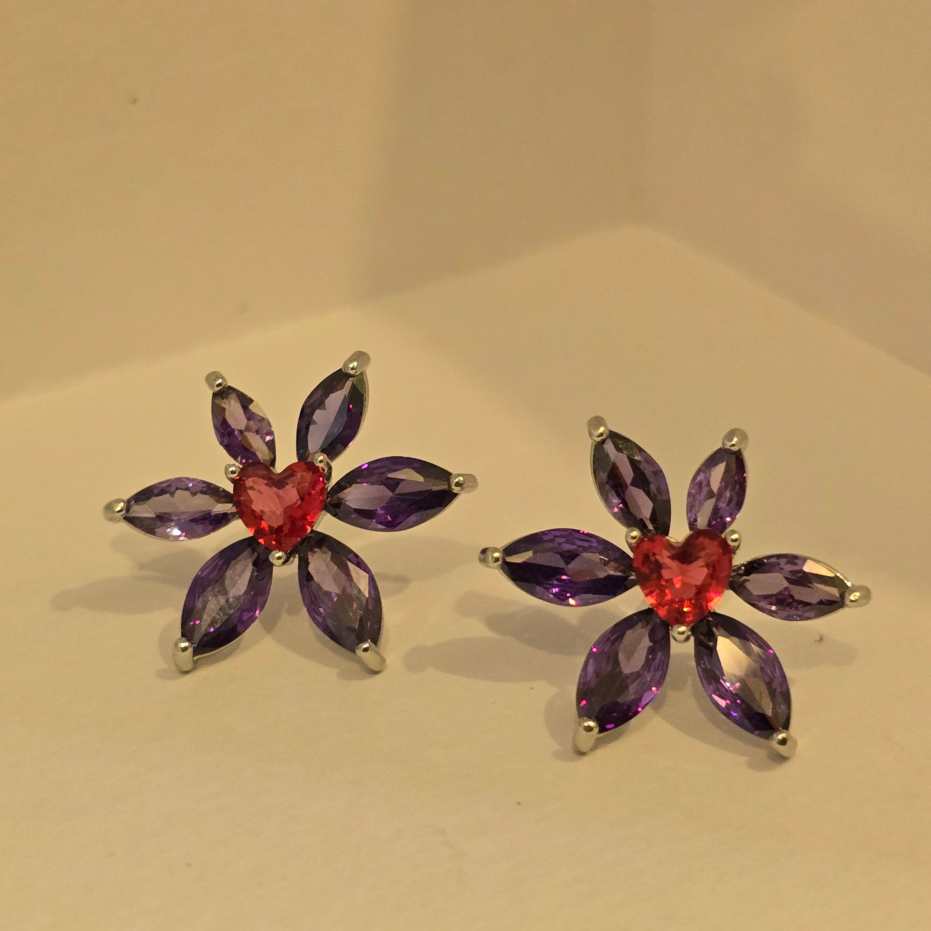 Purple Flower & Red Heart Crystal Studs