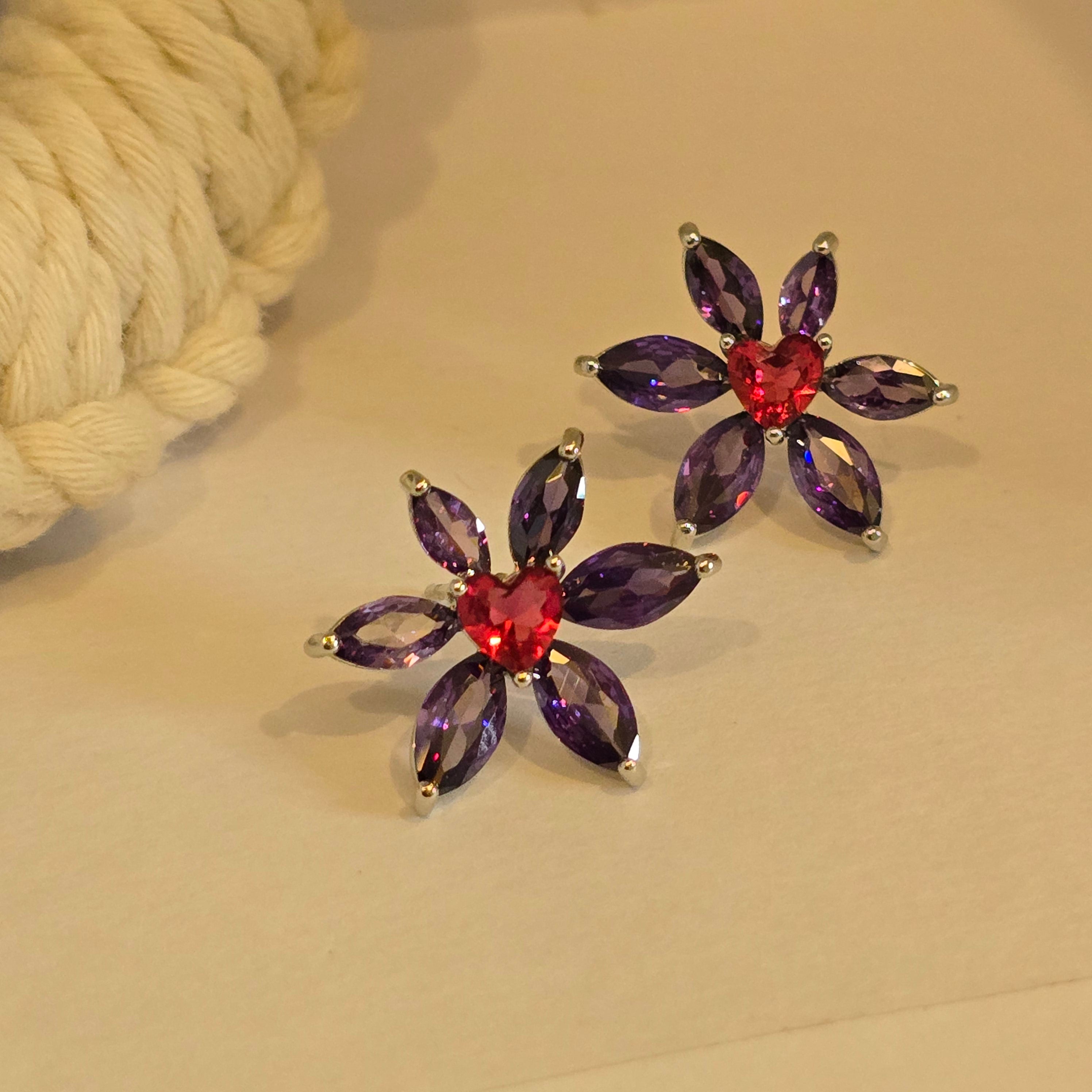Purple Flower & Red Heart Crystal Studs