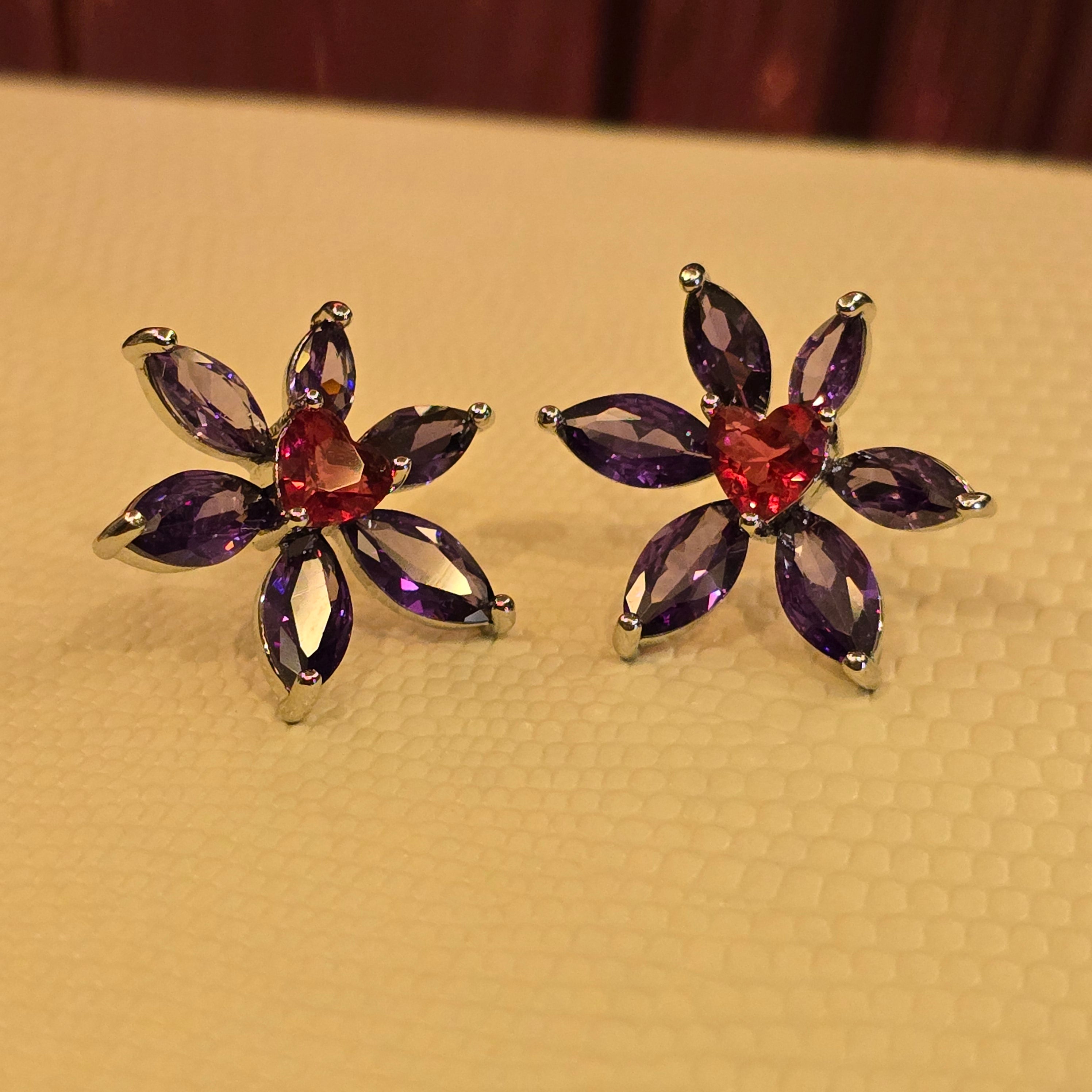 Purple Flower & Red Heart Crystal Studs