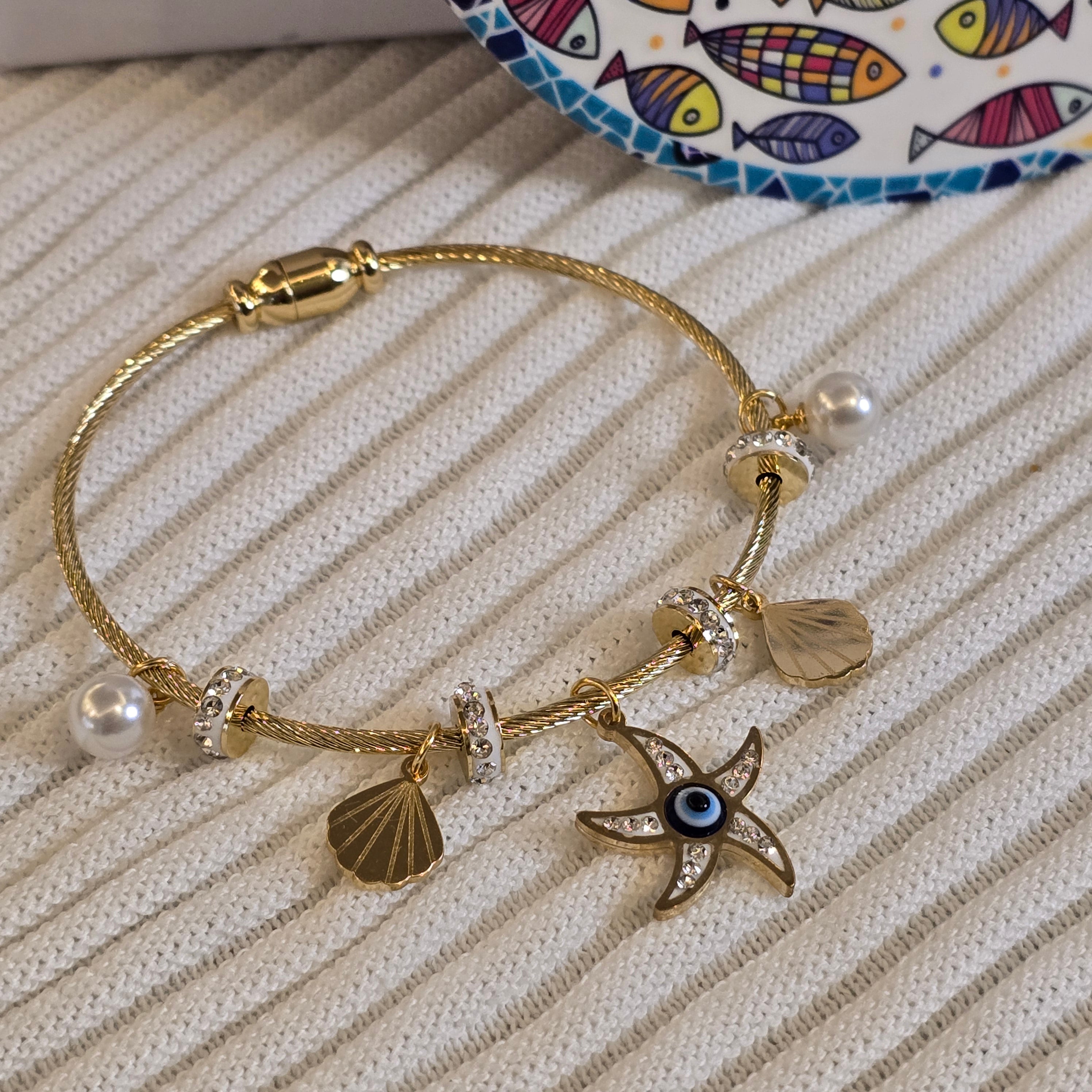Beach Charm Bracelet with Evil Eye & Pearls