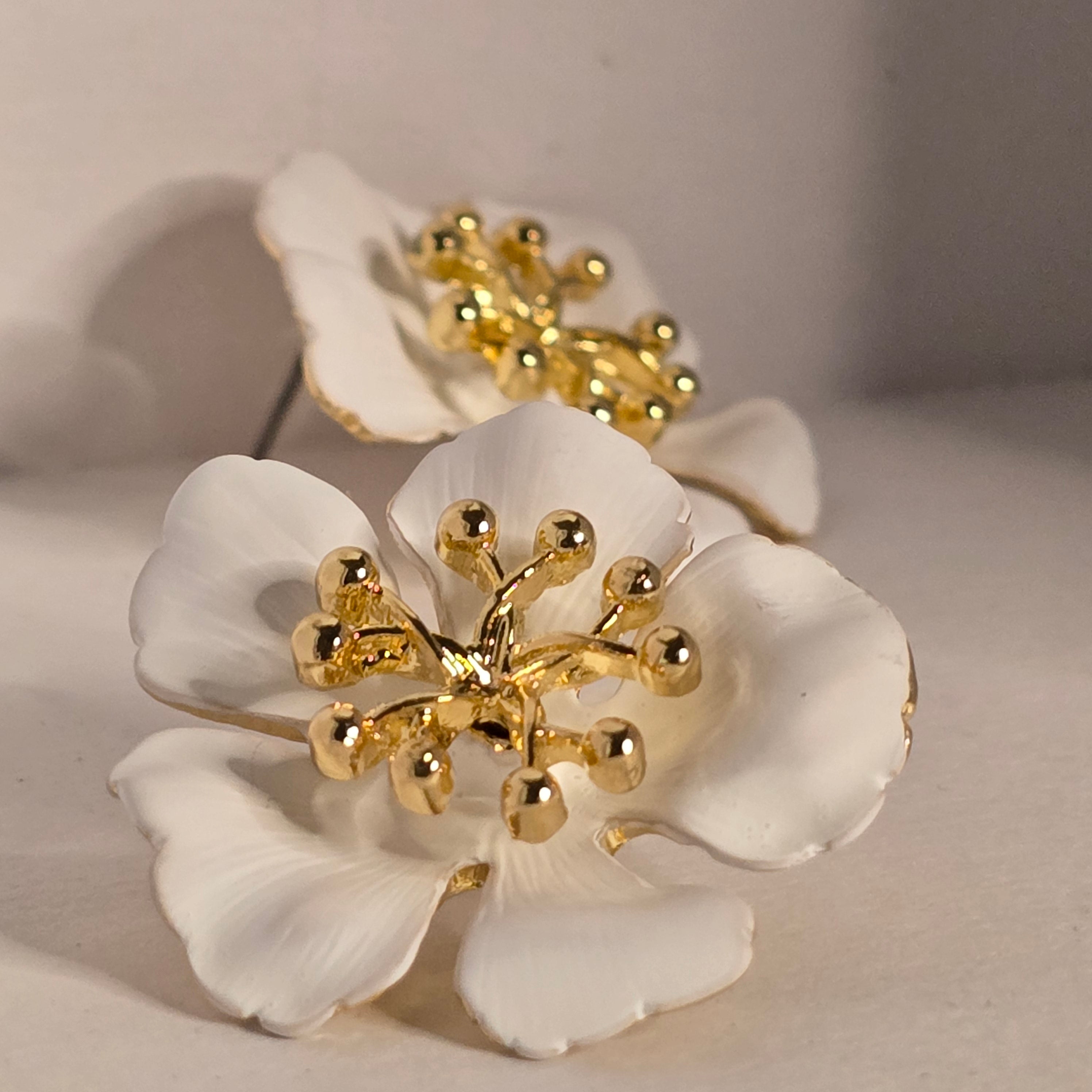 White Blossom Gold Stud Earrings