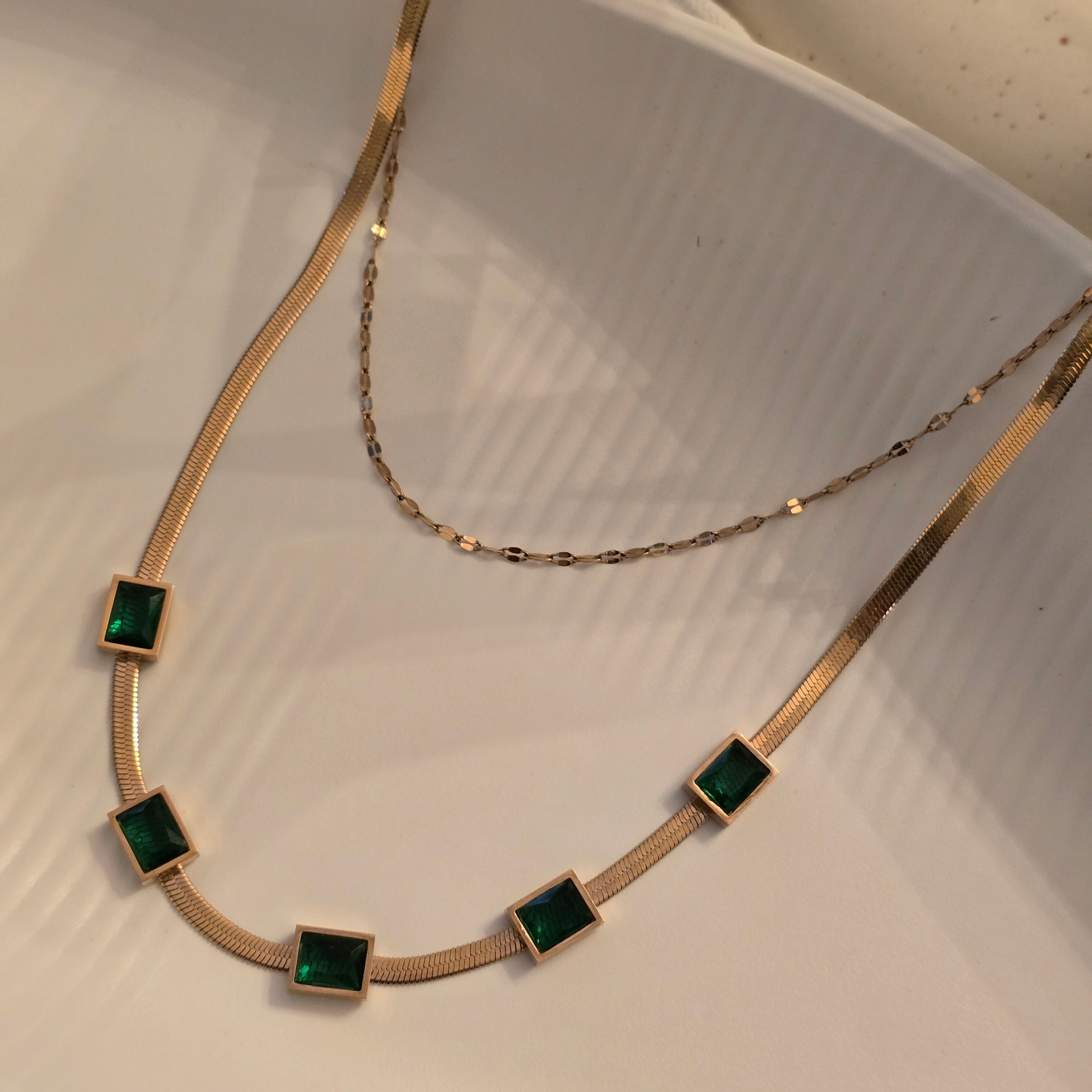 Rose Gold Emerald Square Layered Necklace