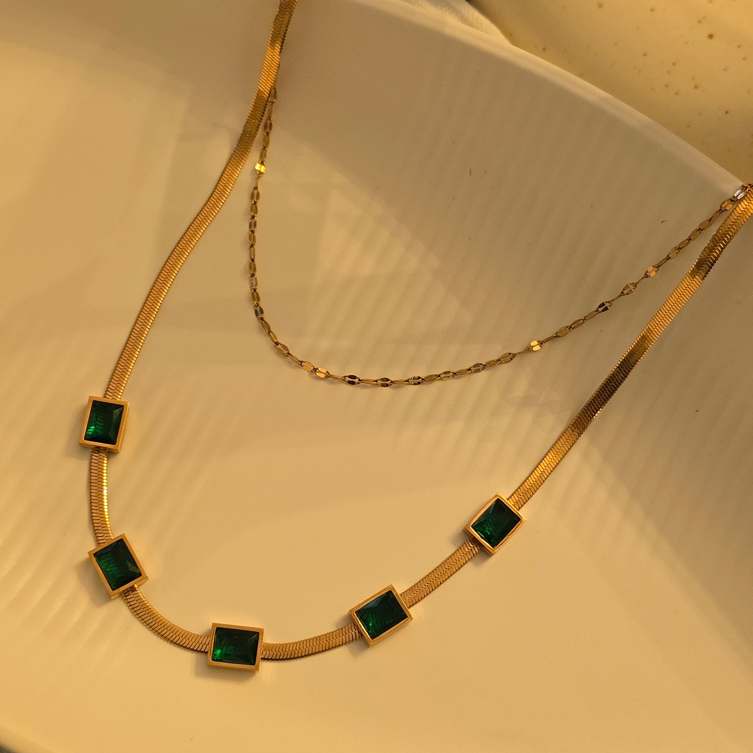 Rose Gold Emerald Square Layered Necklace