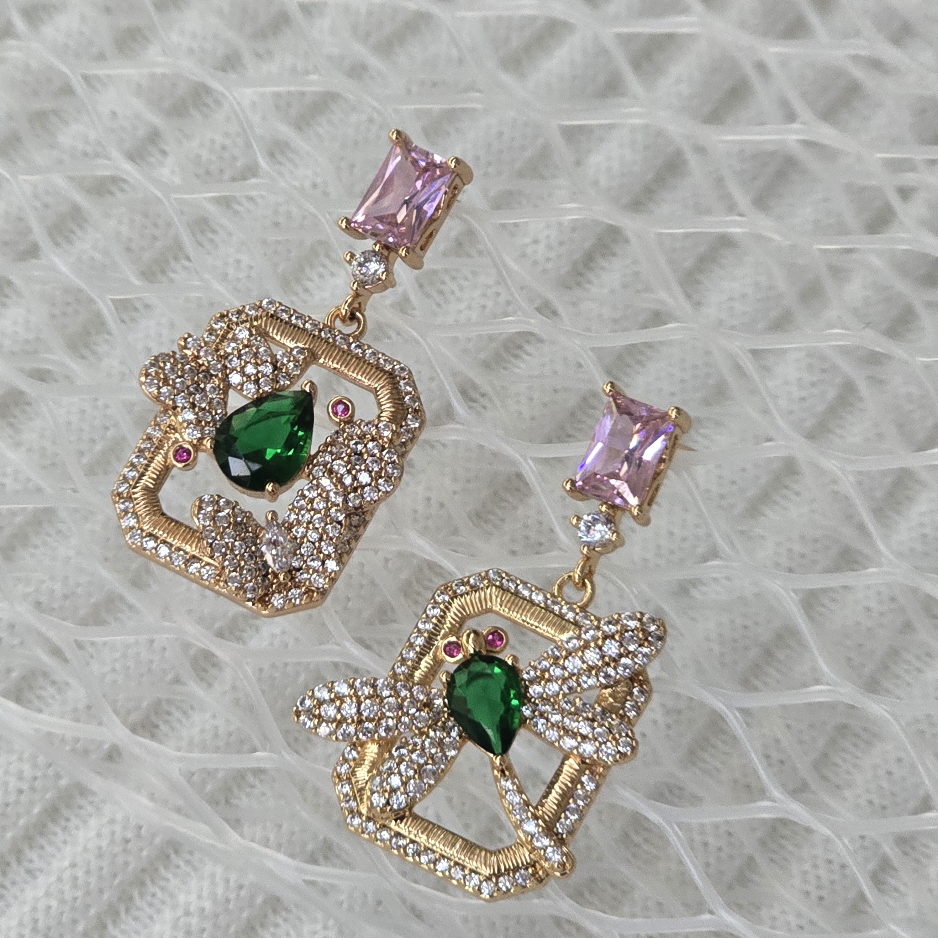 Emerald & Pink Drop Earrings