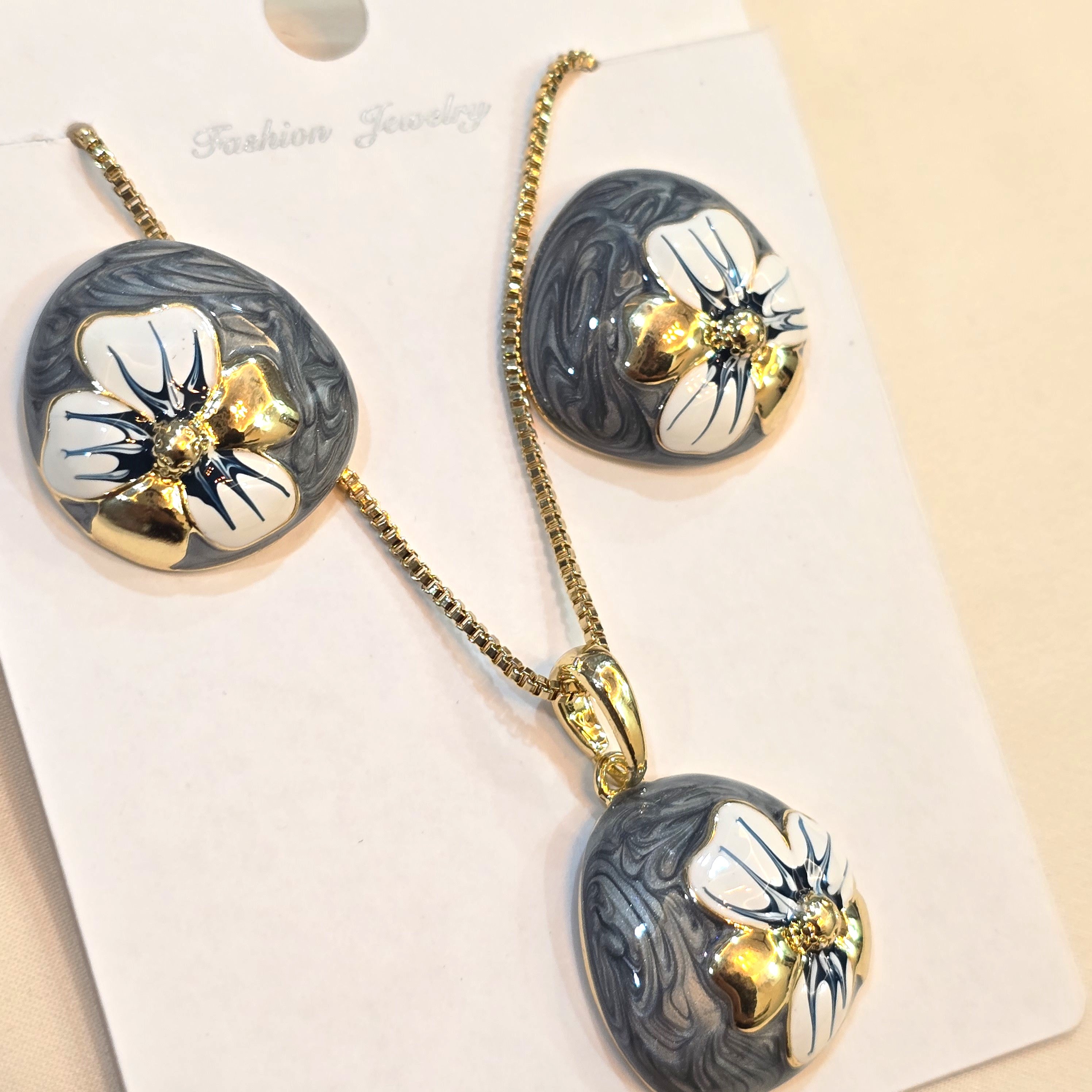 Grey Blossom Enamel Jewellery Set