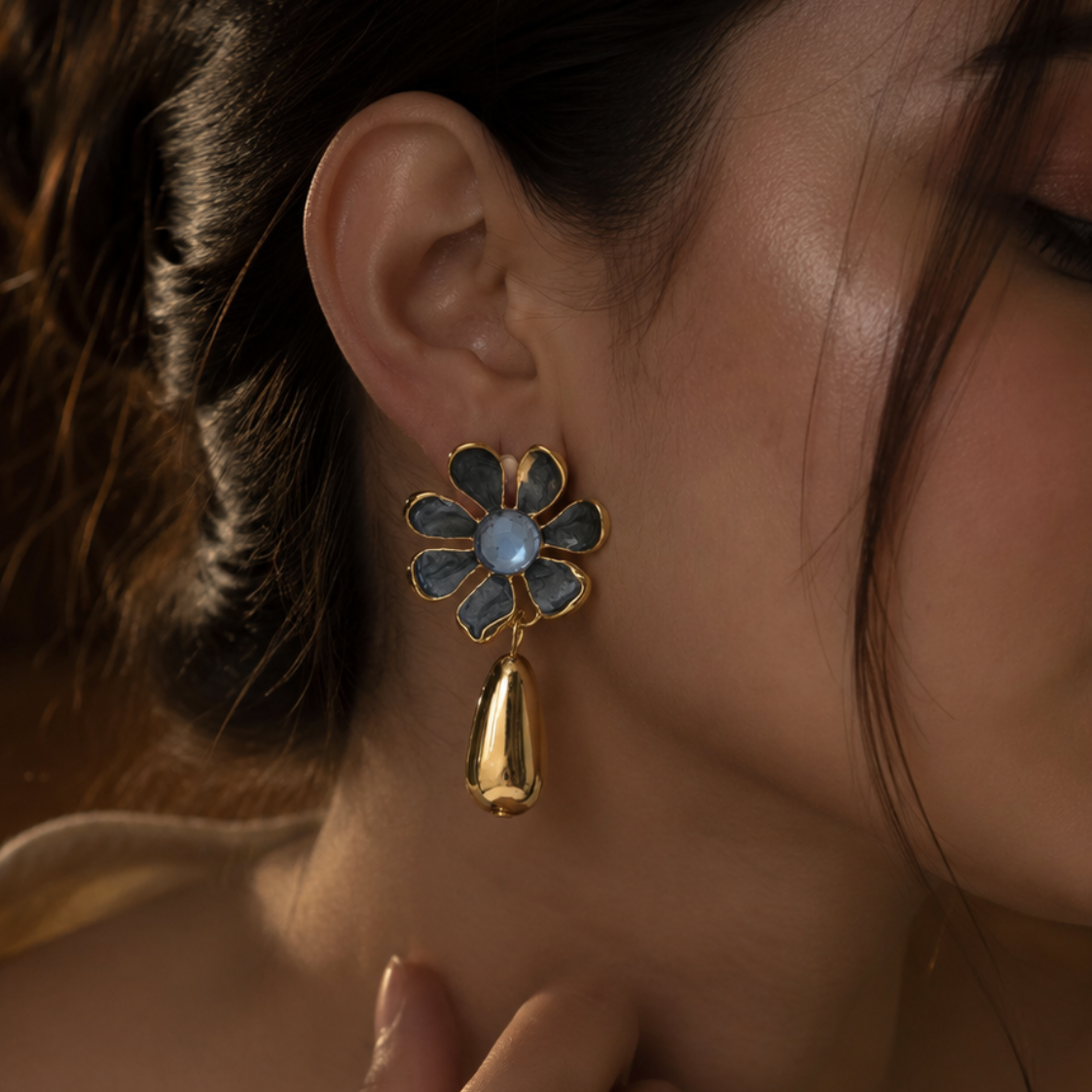 Grey Daisy Gold Drop Earrings