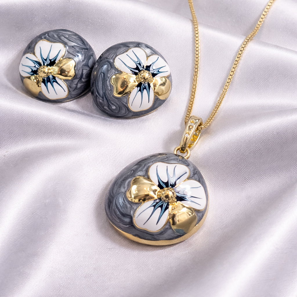 Grey Blossom Enamel Jewellery Set
