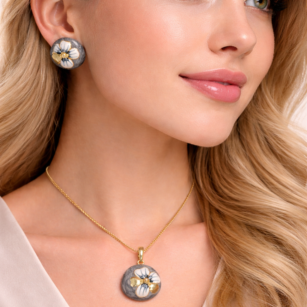 Grey Blossom Enamel Jewellery Set