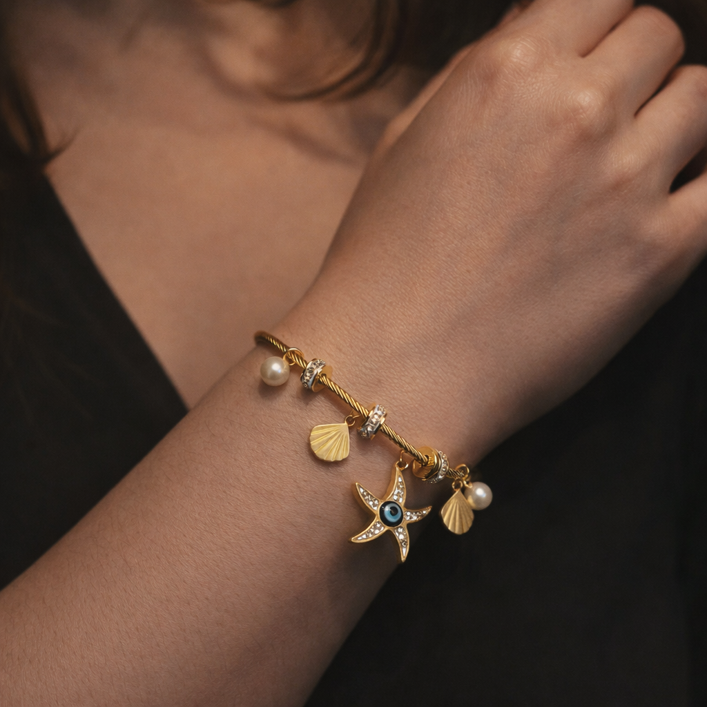 Beach Charm Bracelet with Evil Eye & Pearls