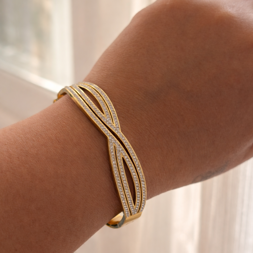 Golden Infinity Wave CZ Cuff Bracelet