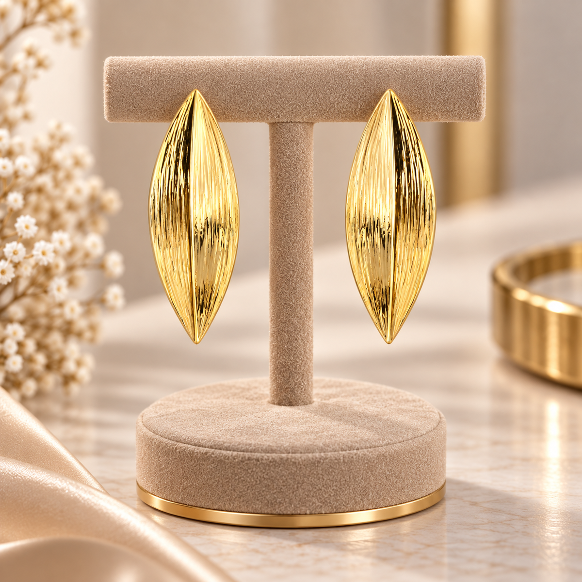 Golden Textured Leaf Stud Earrings