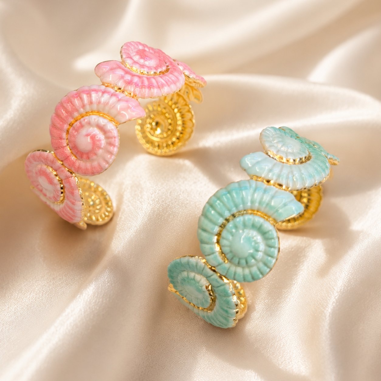 Enamel Shell Bracelet Set – Pink & Green