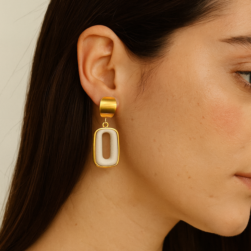 Minimalist Gold & White Rectangle Dangle Earrings