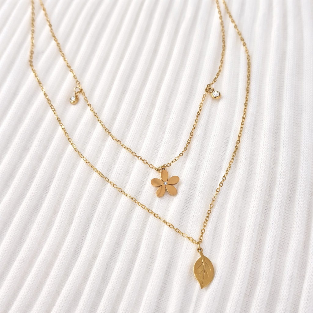 Gold Flower & Leaf Layered Necklace