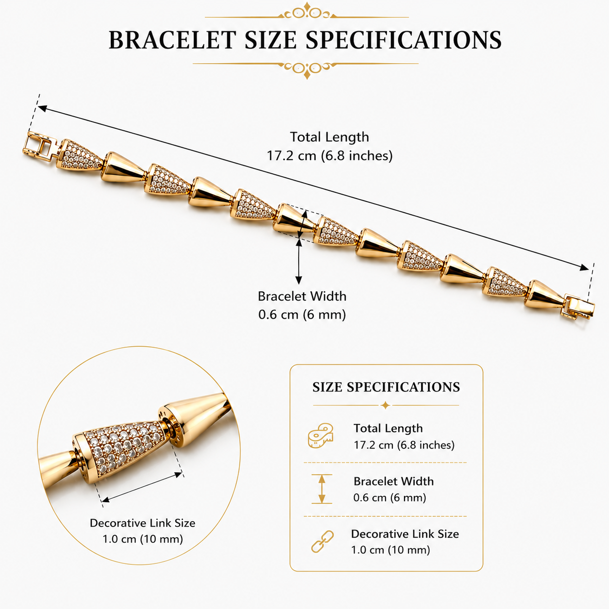Bracelet size specifications diagram showing a gold-toned chain bracelet with labeled dimensions: total length 17.2 cm (6.