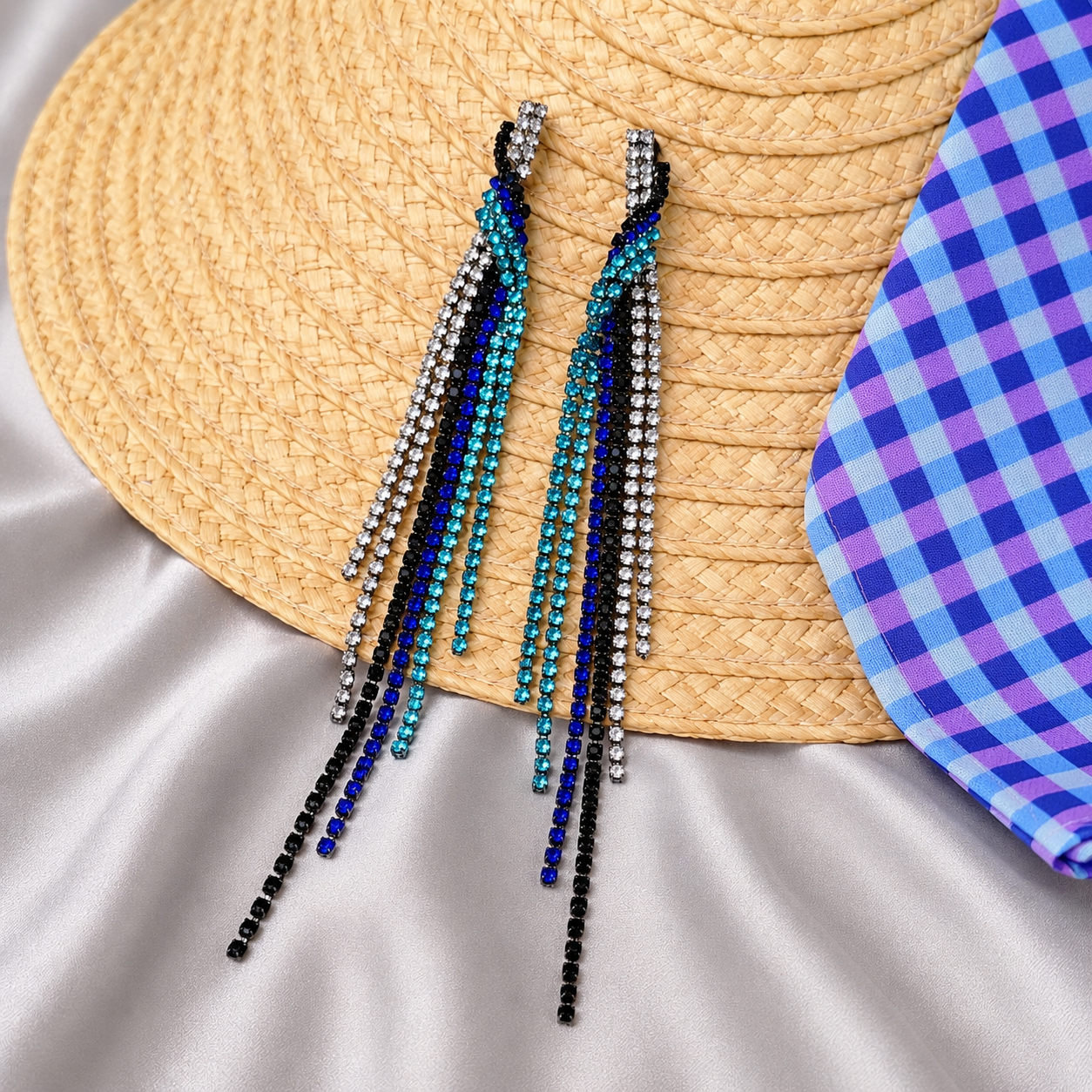 Blue Rhinestone Tassel Earrings
