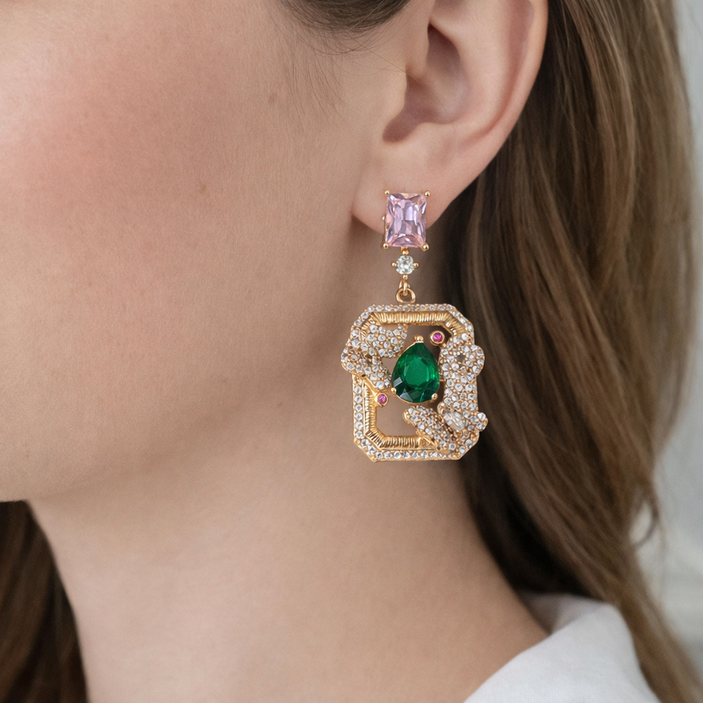 Emerald & Pink Drop Earrings