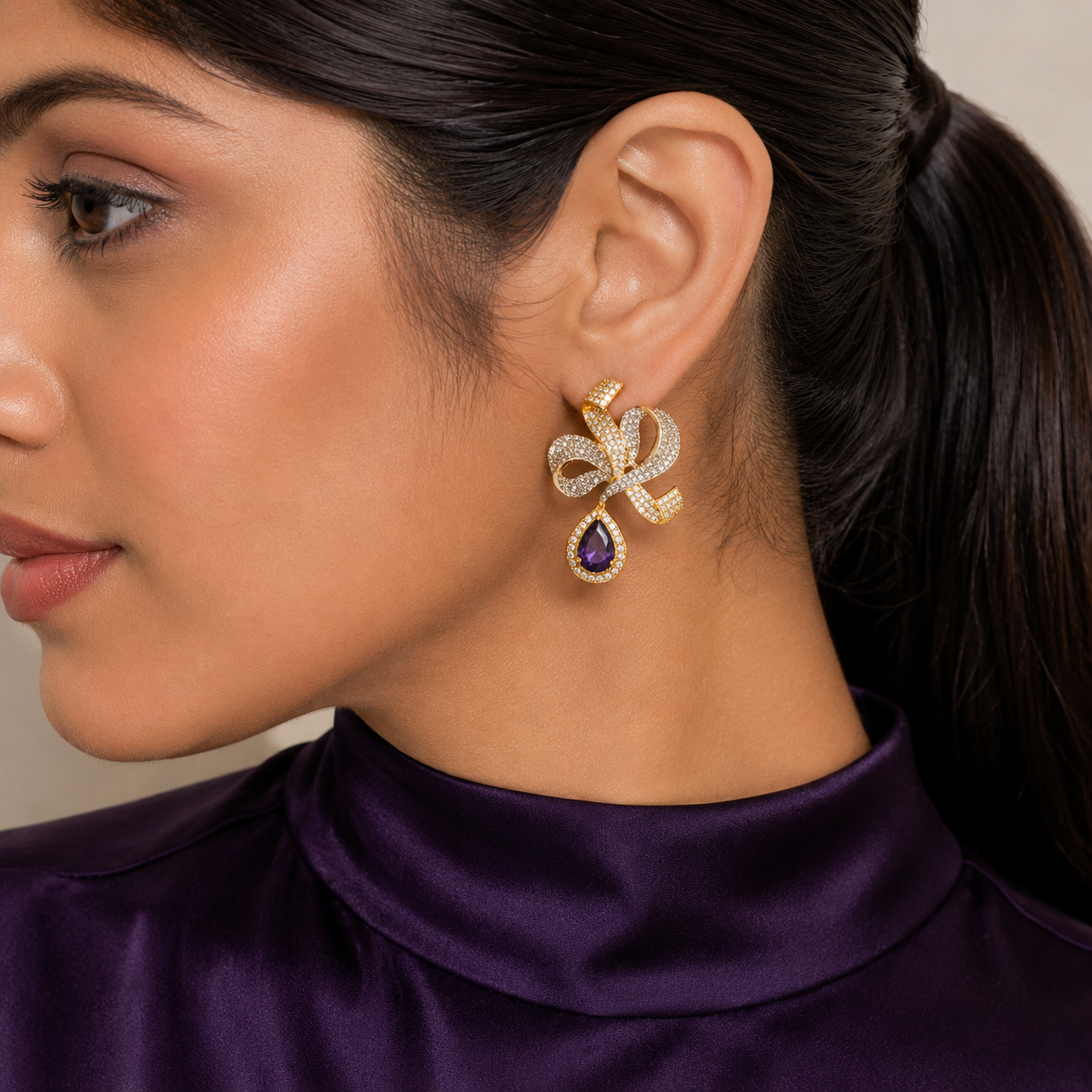Royal Purple Drop Bow Earrings