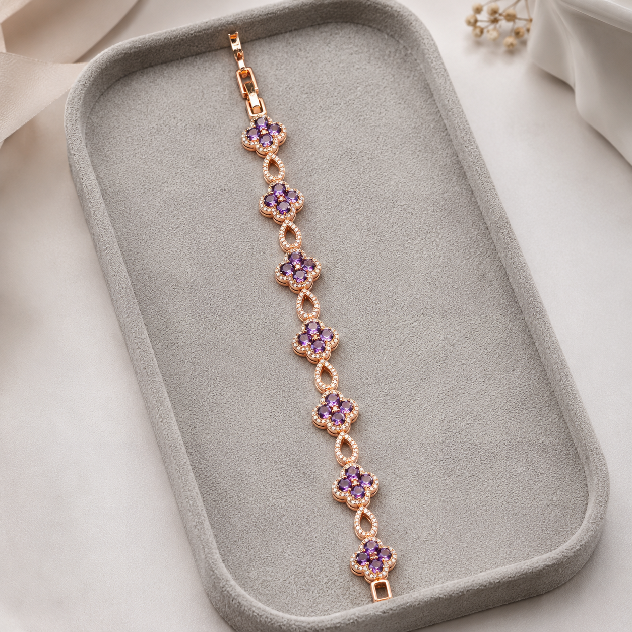 Amethyst Rose Gold 7 Clover Bracelet