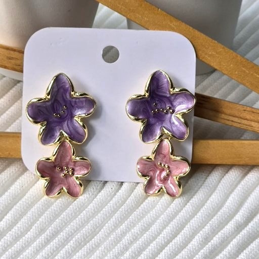 Purple & Pink Enamel Flower Statement Earrings