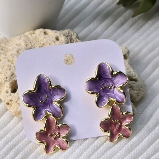 Purple & Pink Enamel Flower Statement Earrings