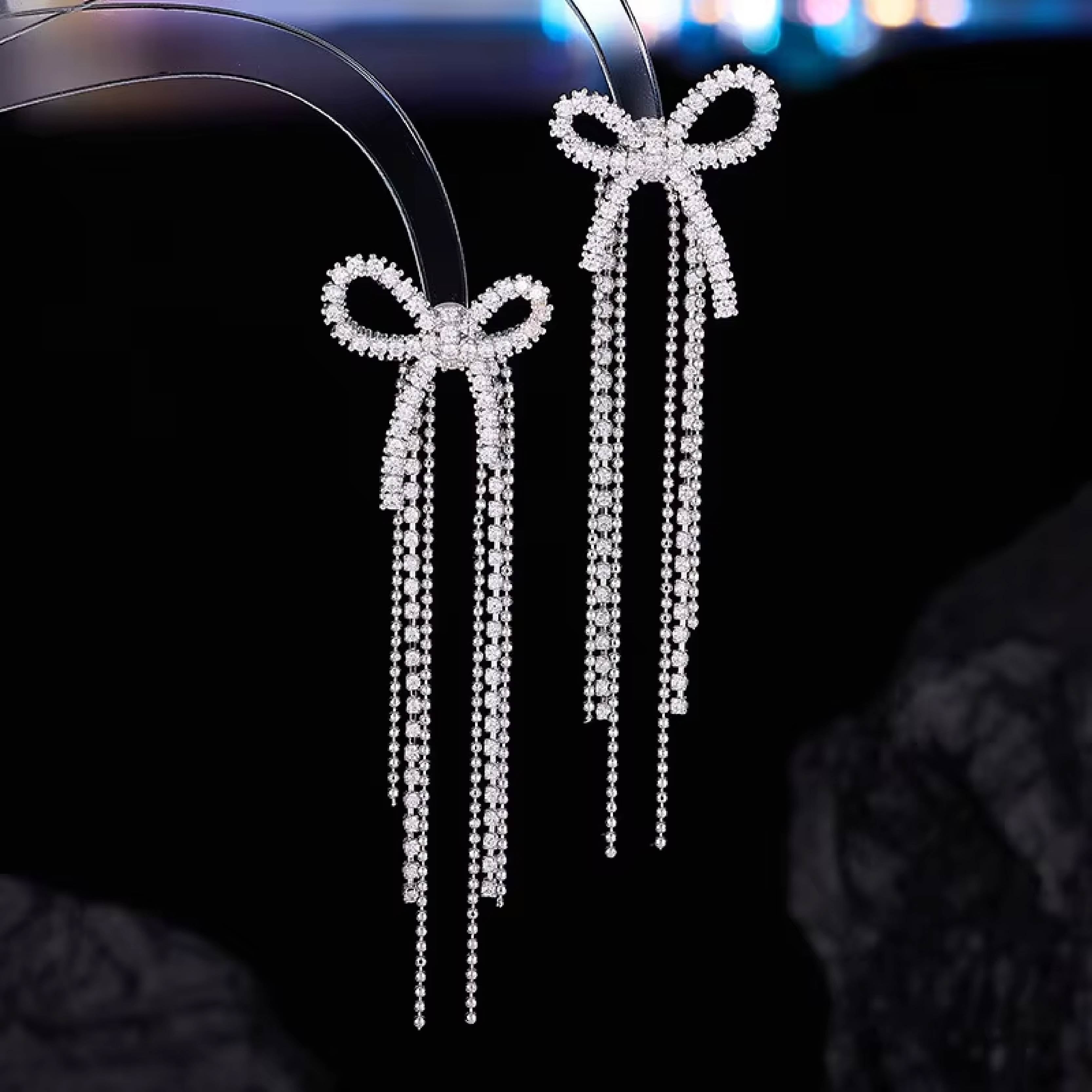 Silver Crystal Bow Tassel Earrings