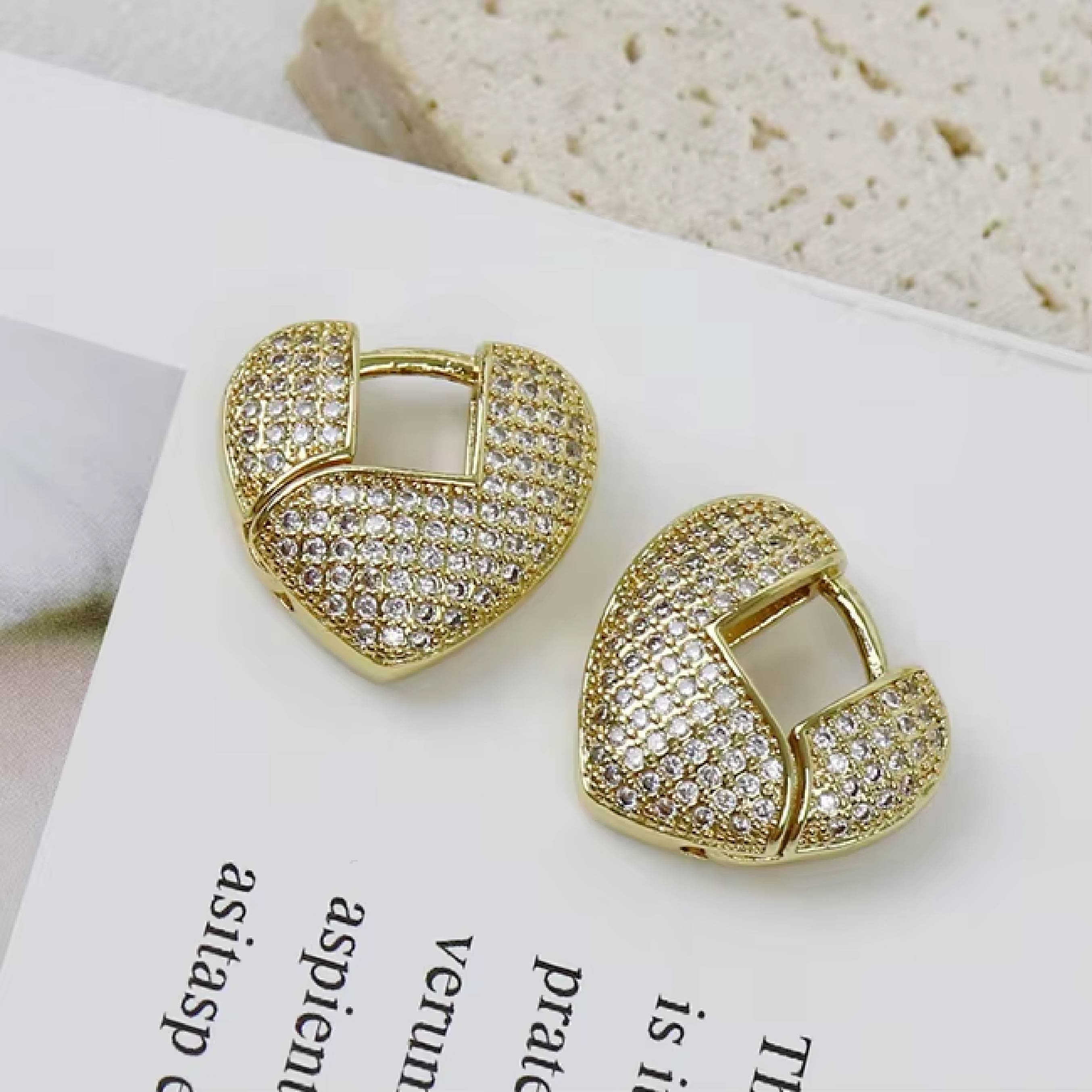 Sparkling Heart Gold Hoop Earrings