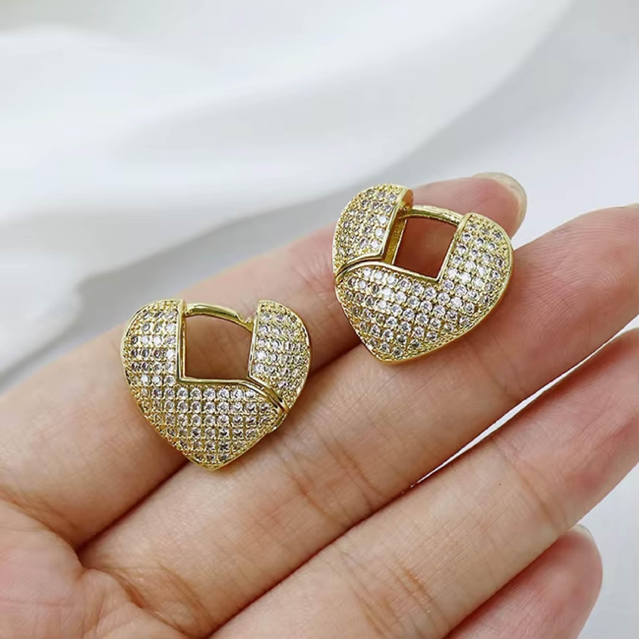 Sparkling Heart Gold Hoop Earrings