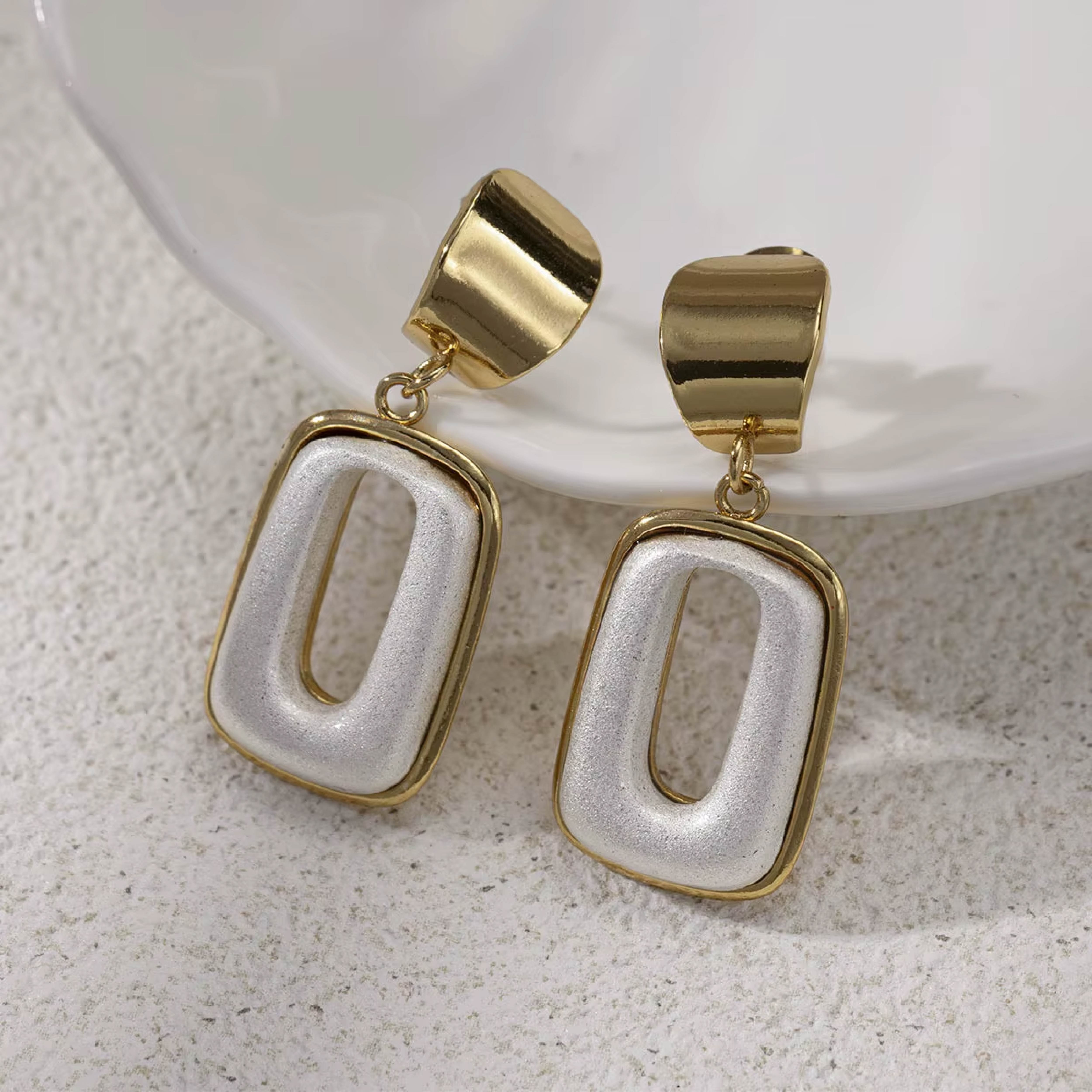 Minimalist Gold & White Rectangle Dangle Earrings