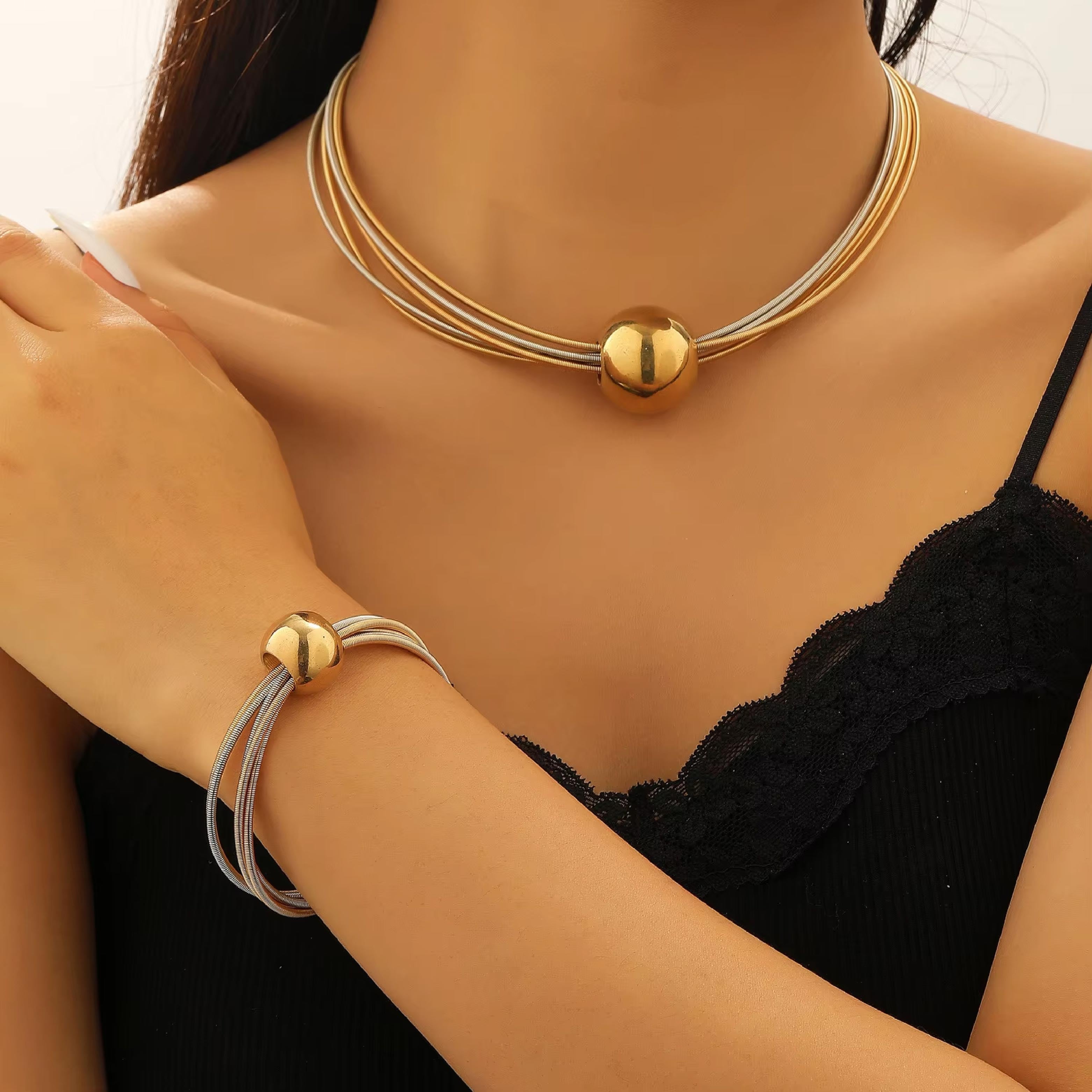 Luxe Duo-Tone Multi-Strand Necklace & Bracelet Set