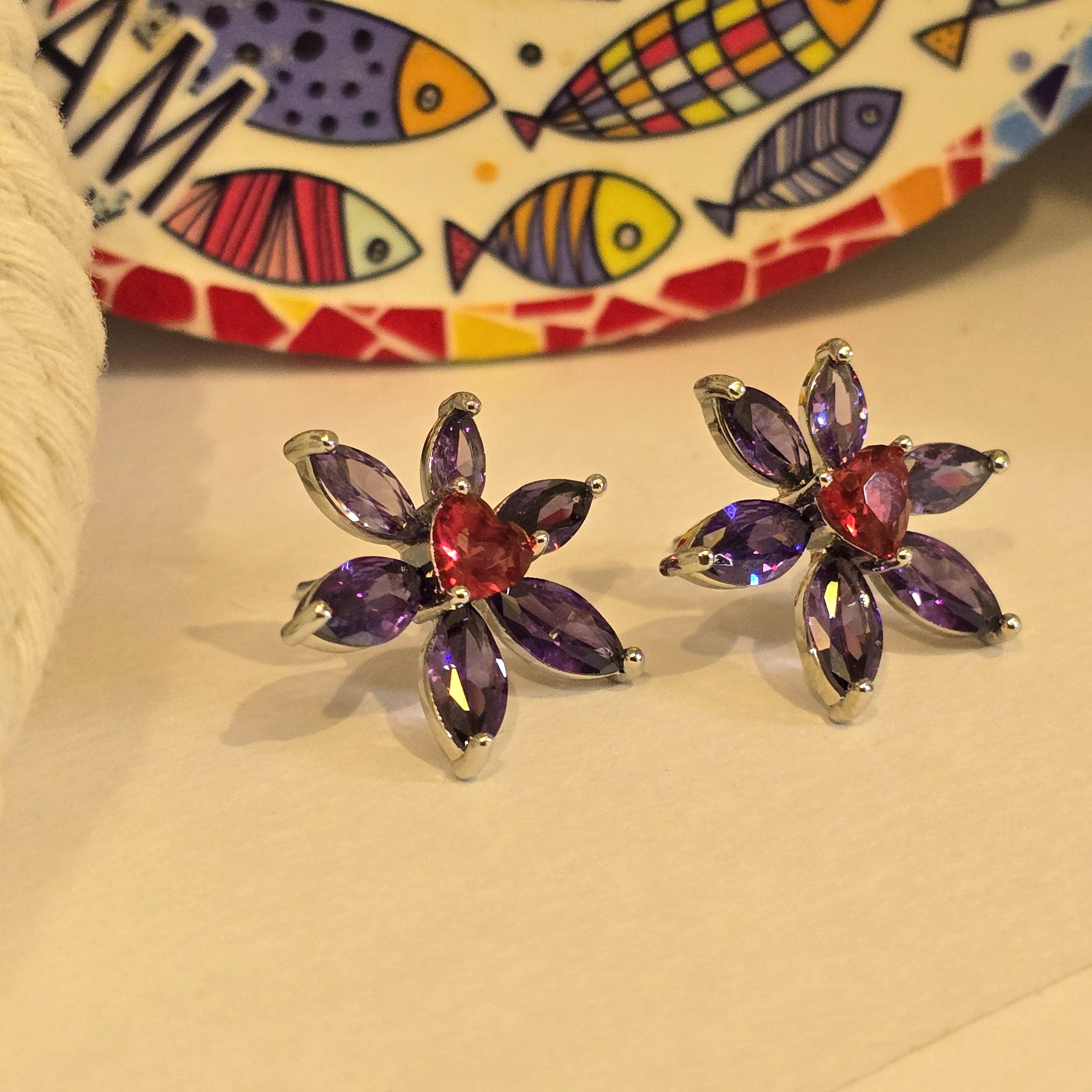 Purple Flower & Red Heart Crystal Studs