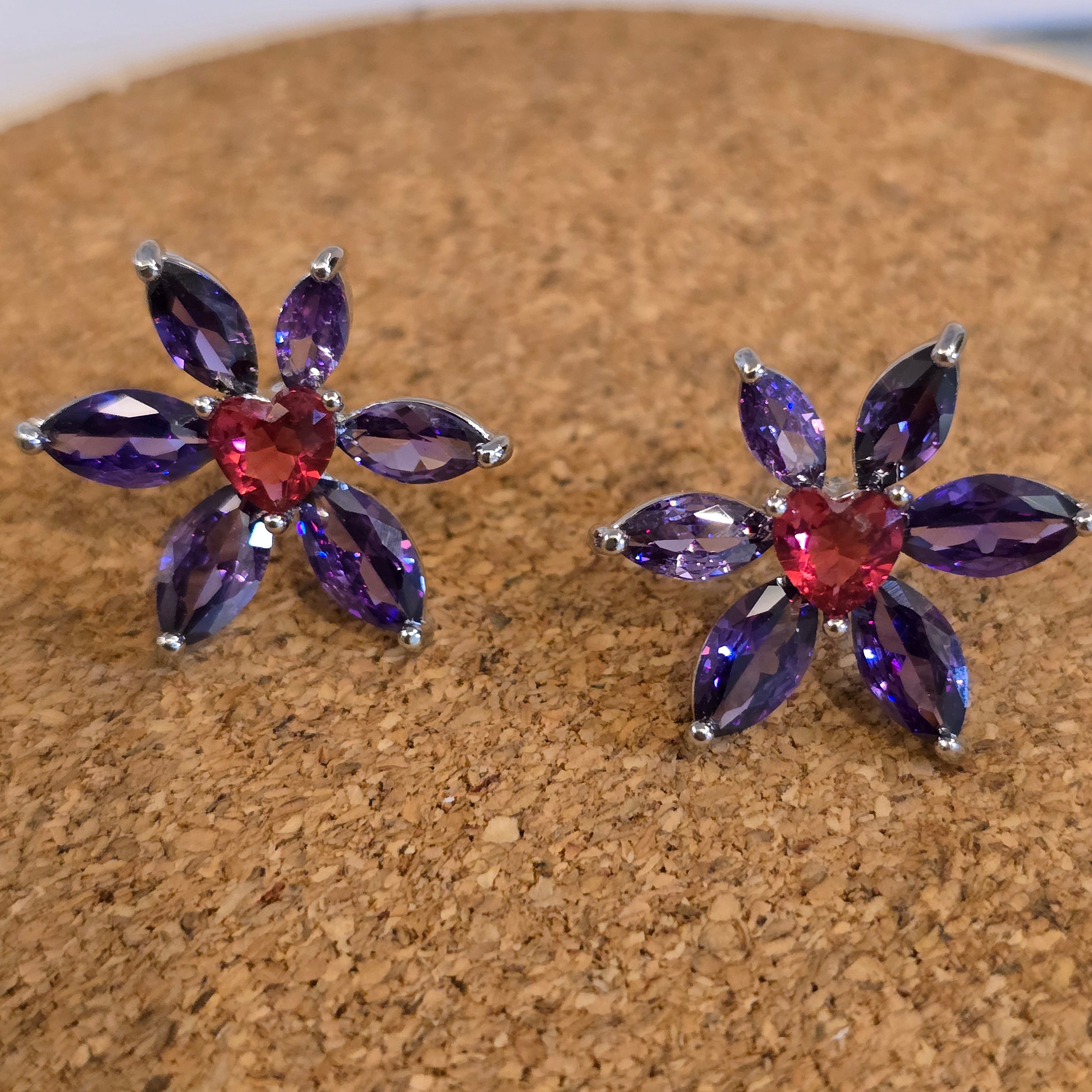 Purple Flower & Red Heart Crystal Studs