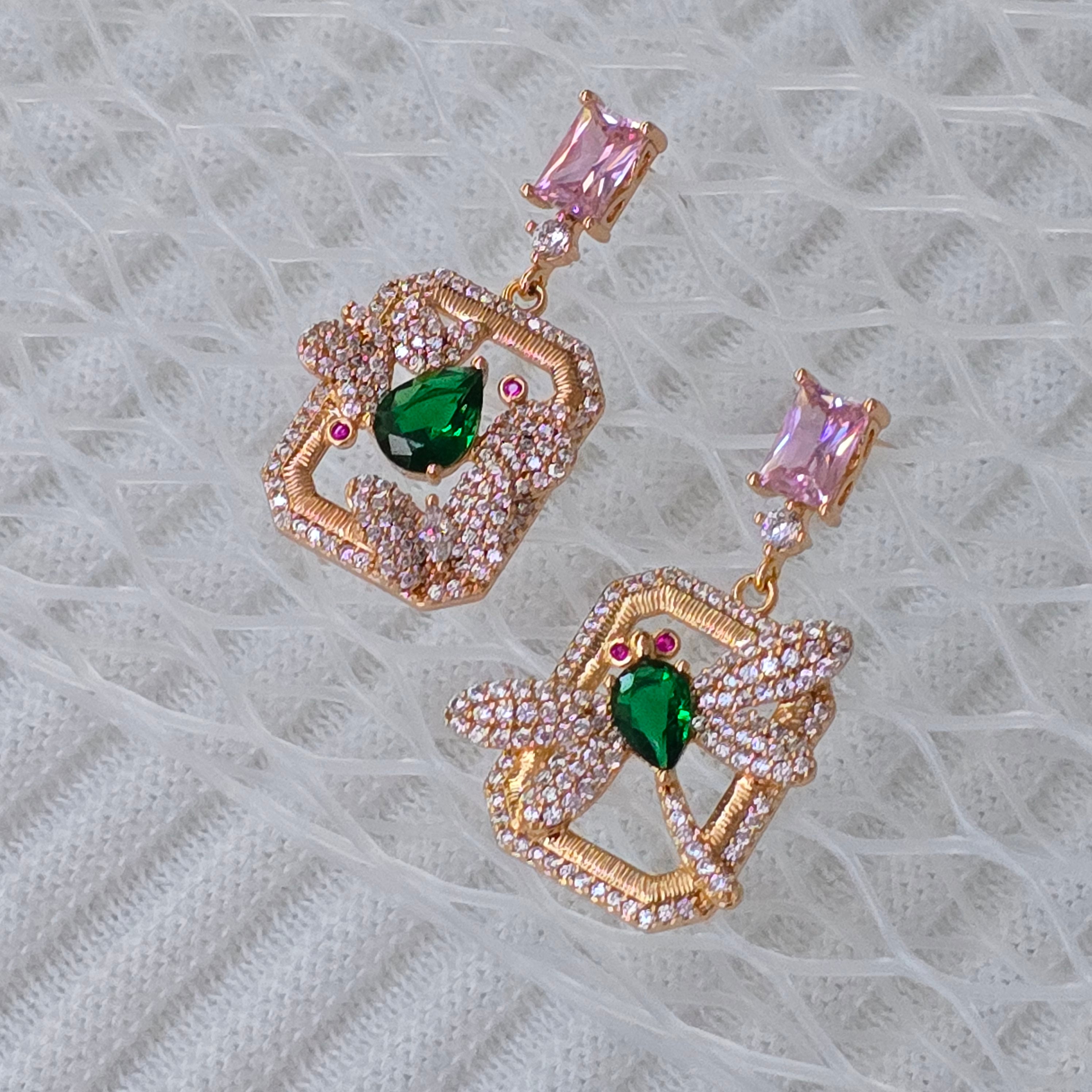 Emerald & Pink Drop Earrings