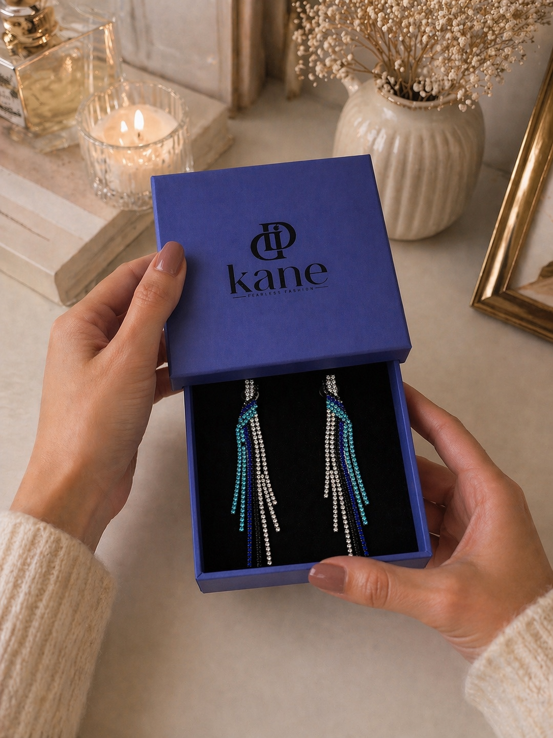 Blue Rhinestone Tassel Earrings