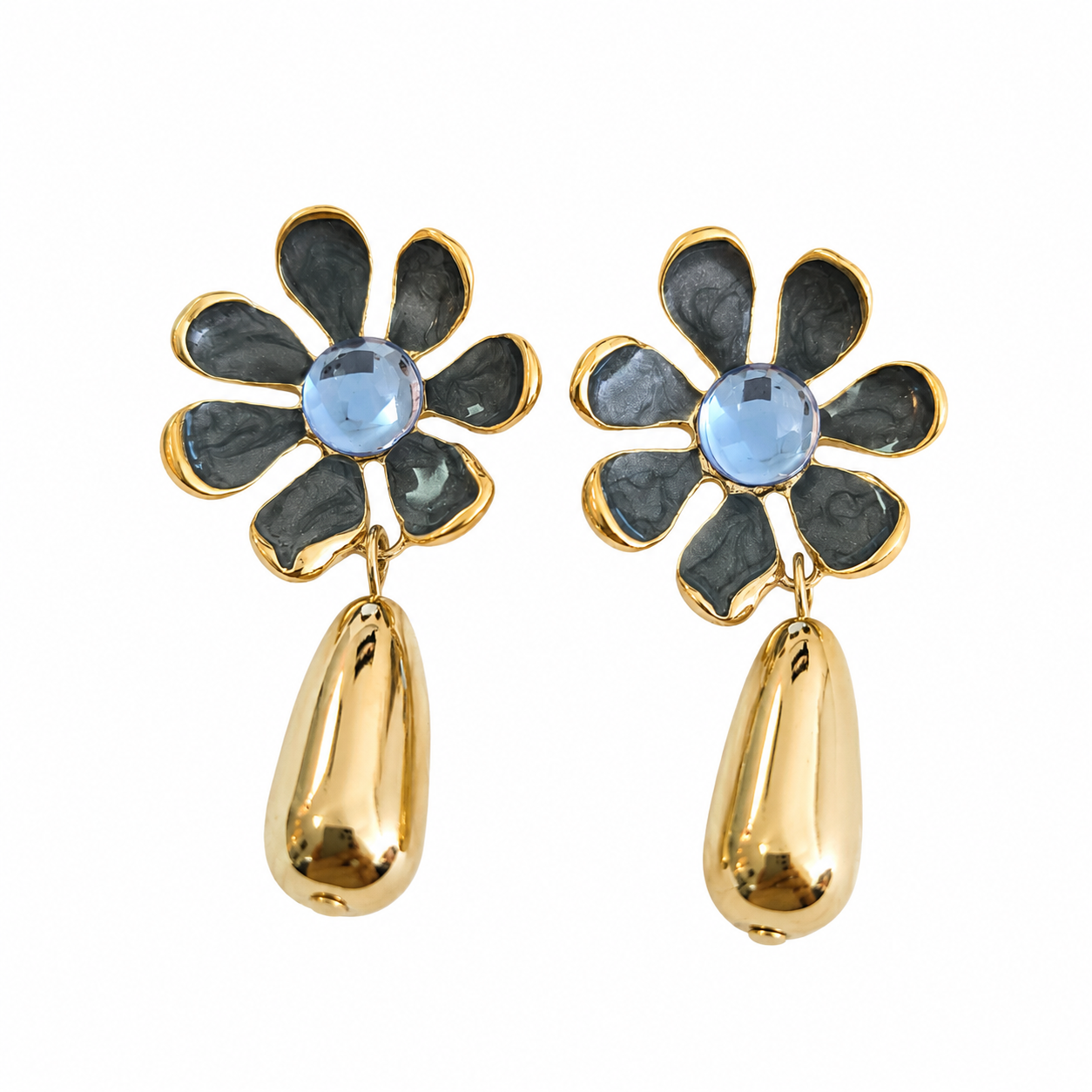 Grey Daisy Gold Drop Earrings