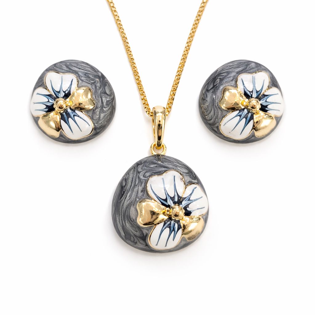 Grey Blossom Enamel Jewellery Set