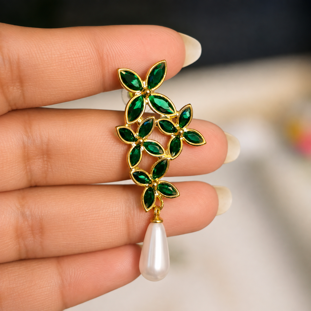 Emerald Pearl Drop Earrings