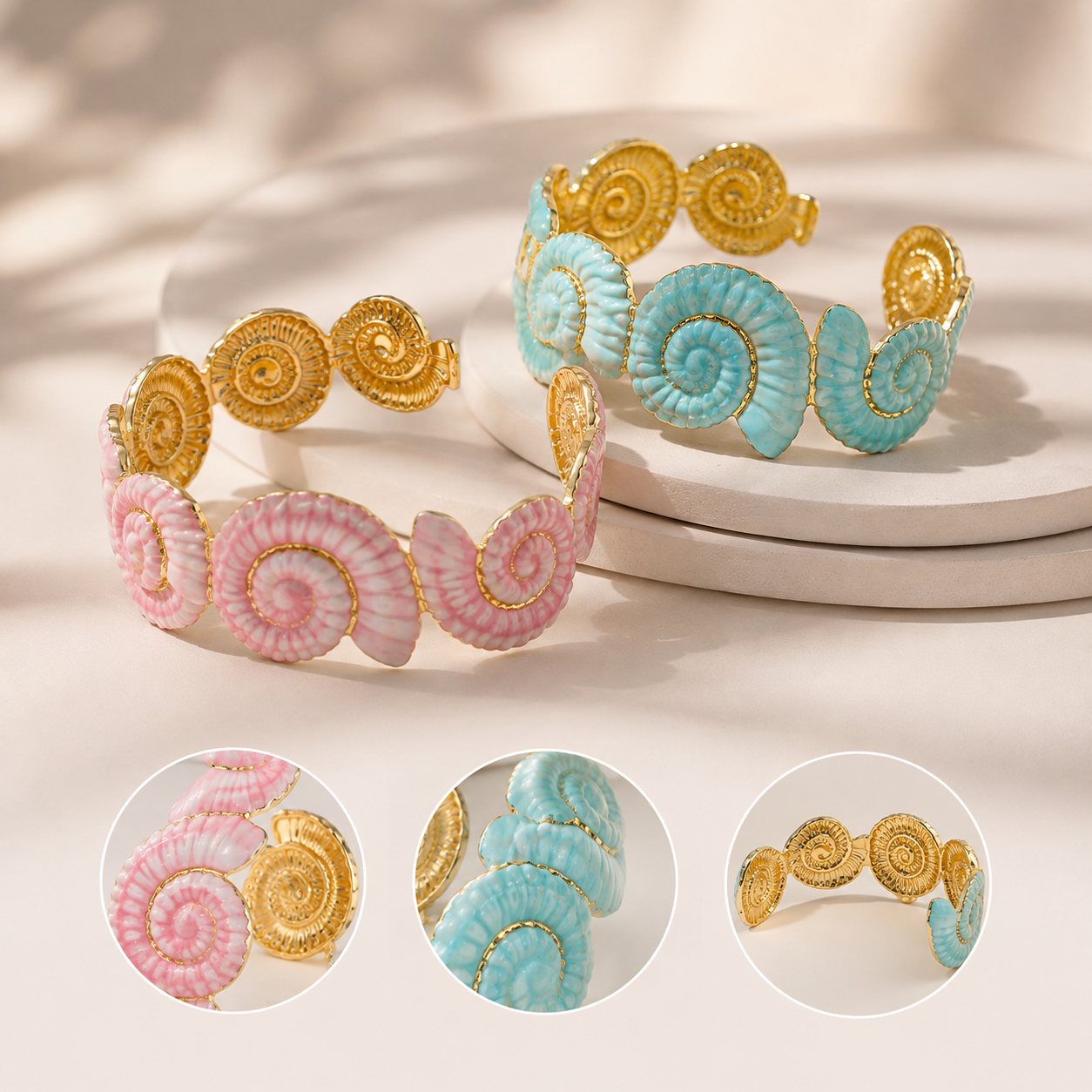 Enamel Shell Bracelet Set – Pink & Green