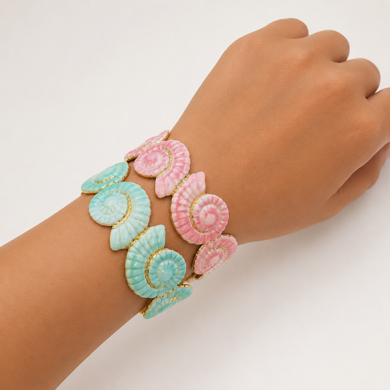 Enamel Shell Bracelet Set – Pink & Green