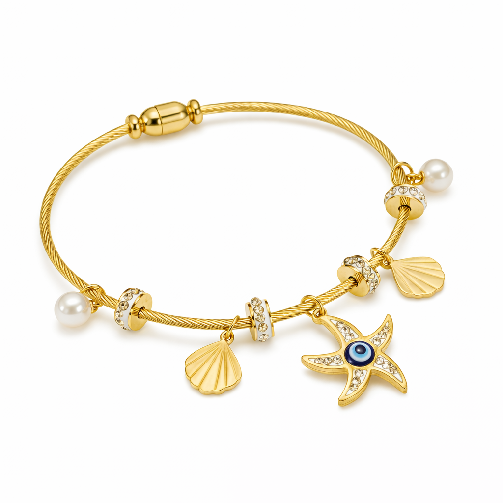 Beach Charm Bracelet with Evil Eye & Pearls