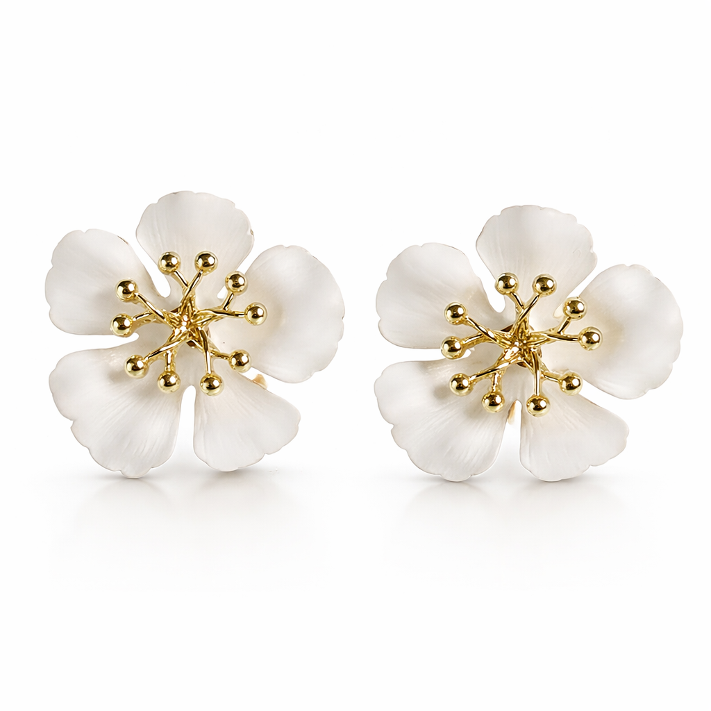 White Blossom Gold Stud Earrings